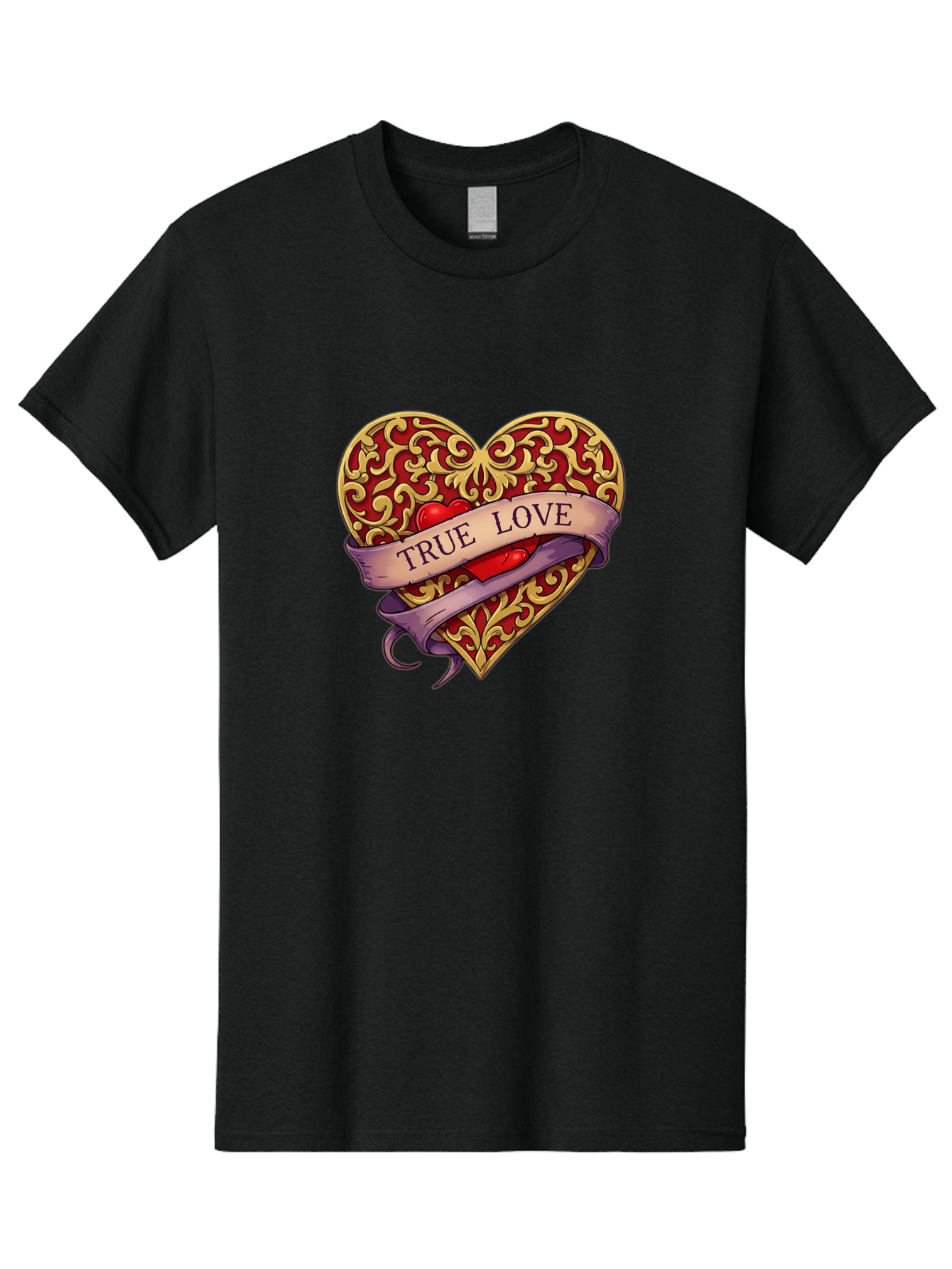 True-Love-3 Men'S Graphic Tee, 100% Cotton, Comfortable Casual Summer Wear, Machine Washable, Tattoo Style Heart, Ornate Gold Design, Red Heart Center, True Love Banner, Vintage Love Symbol, Classic Tattoo Art, Heart With Ribbon, Bae312
