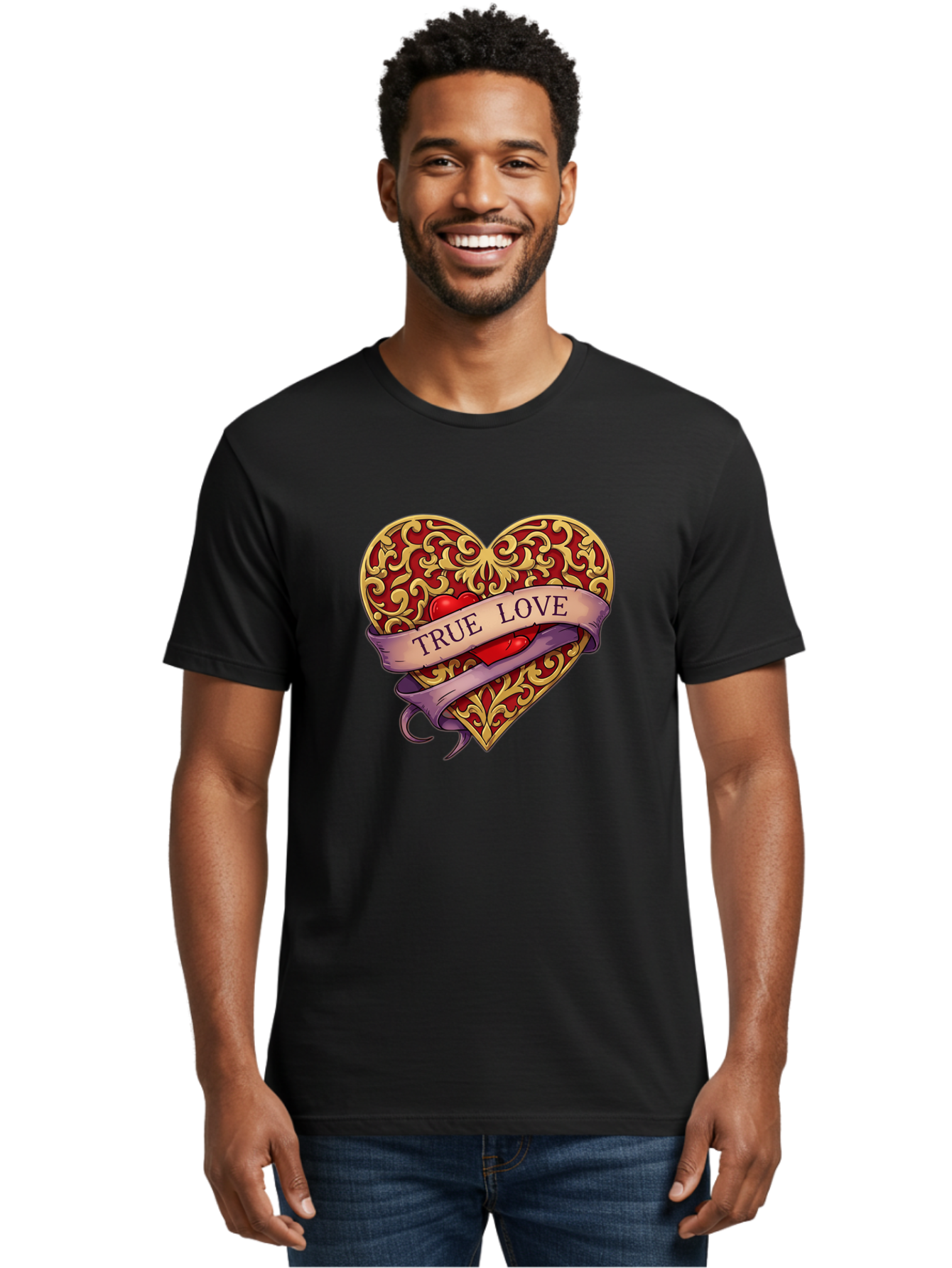 True-Love-3 Men'S Graphic Tee, 100% Cotton, Comfortable Casual Summer Wear, Machine Washable, Tattoo Style Heart, Ornate Gold Design, Red Heart Center, True Love Banner, Vintage Love Symbol, Classic Tattoo Art, Heart With Ribbon, Bae312
