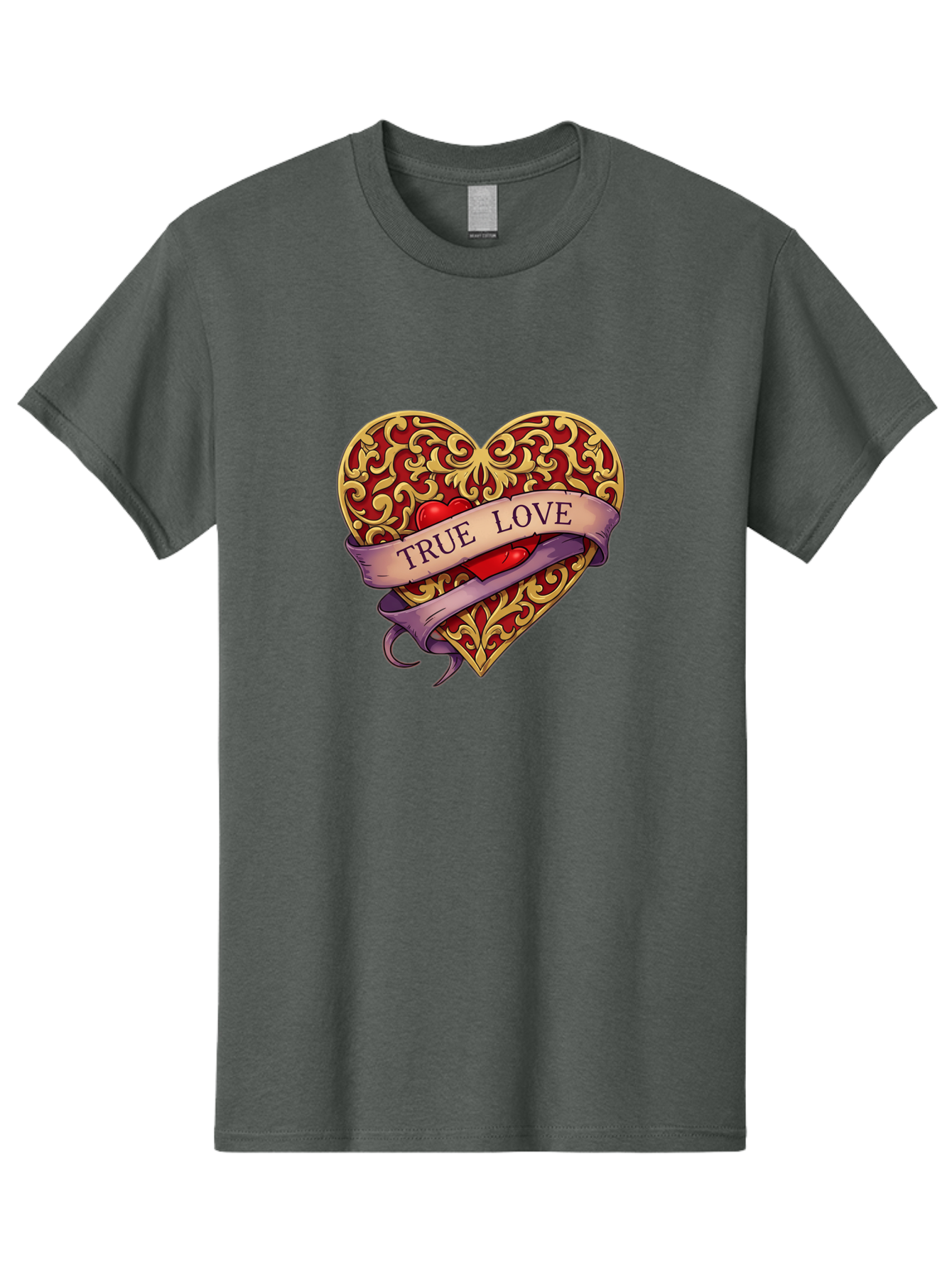 True-Love-3 Men'S Graphic Tee, 100% Cotton, Comfortable Casual Summer Wear, Machine Washable, Tattoo Style Heart, Ornate Gold Design, Red Heart Center, True Love Banner, Vintage Love Symbol, Classic Tattoo Art, Heart With Ribbon, Bae312