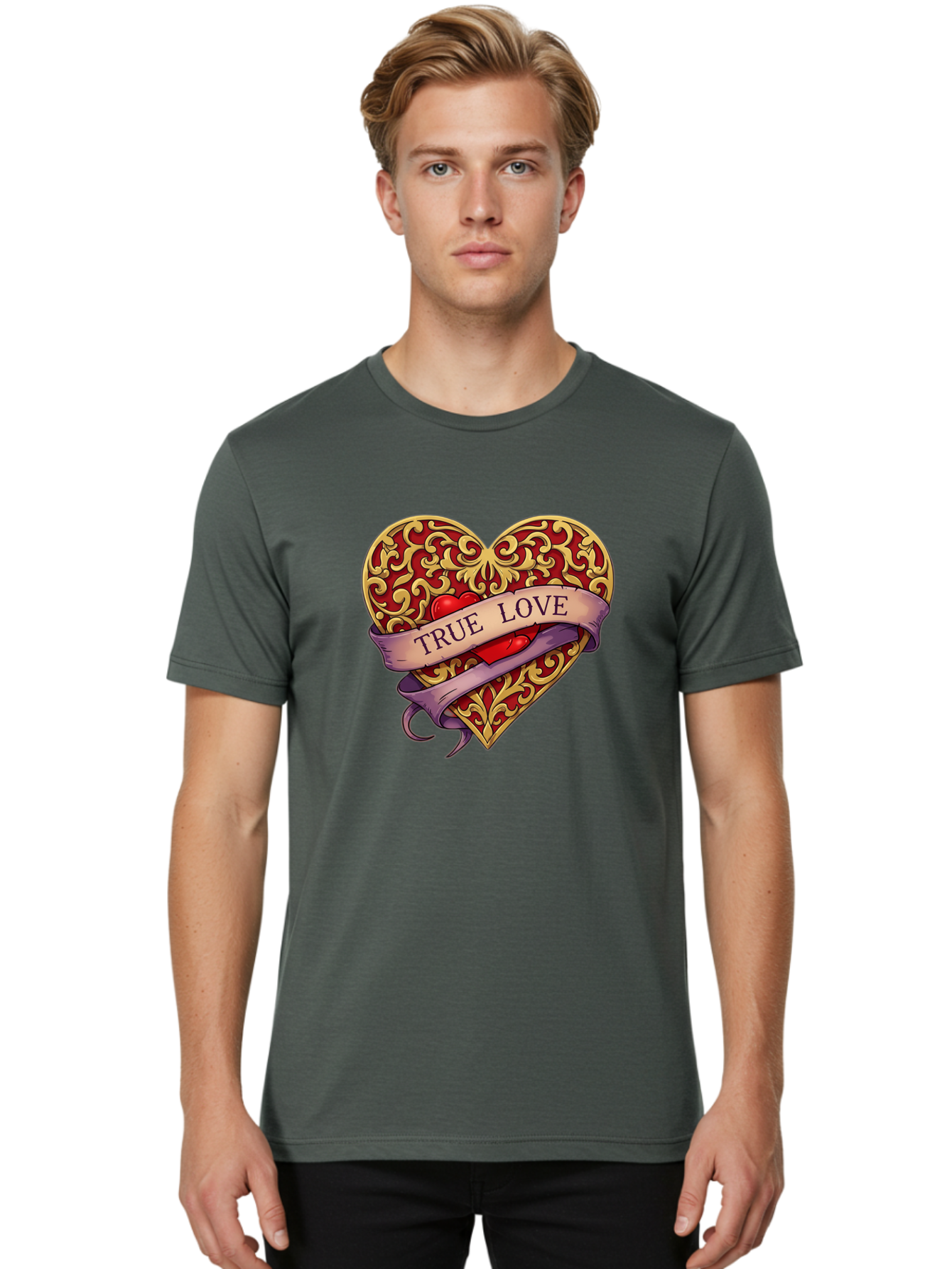 True-Love-3 Men'S Graphic Tee, 100% Cotton, Comfortable Casual Summer Wear, Machine Washable, Tattoo Style Heart, Ornate Gold Design, Red Heart Center, True Love Banner, Vintage Love Symbol, Classic Tattoo Art, Heart With Ribbon, Bae312