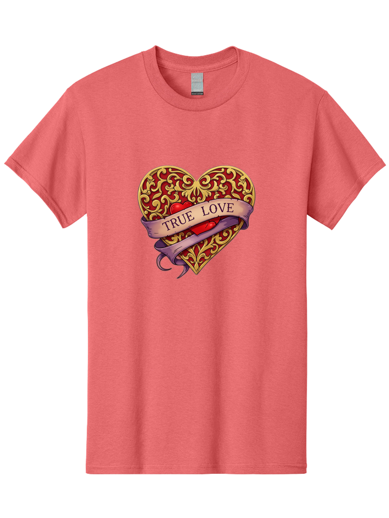 True-Love-3 Men'S Graphic Tee, 100% Cotton, Comfortable Casual Summer Wear, Machine Washable, Tattoo Style Heart, Ornate Gold Design, Red Heart Center, True Love Banner, Vintage Love Symbol, Classic Tattoo Art, Heart With Ribbon, Bae312