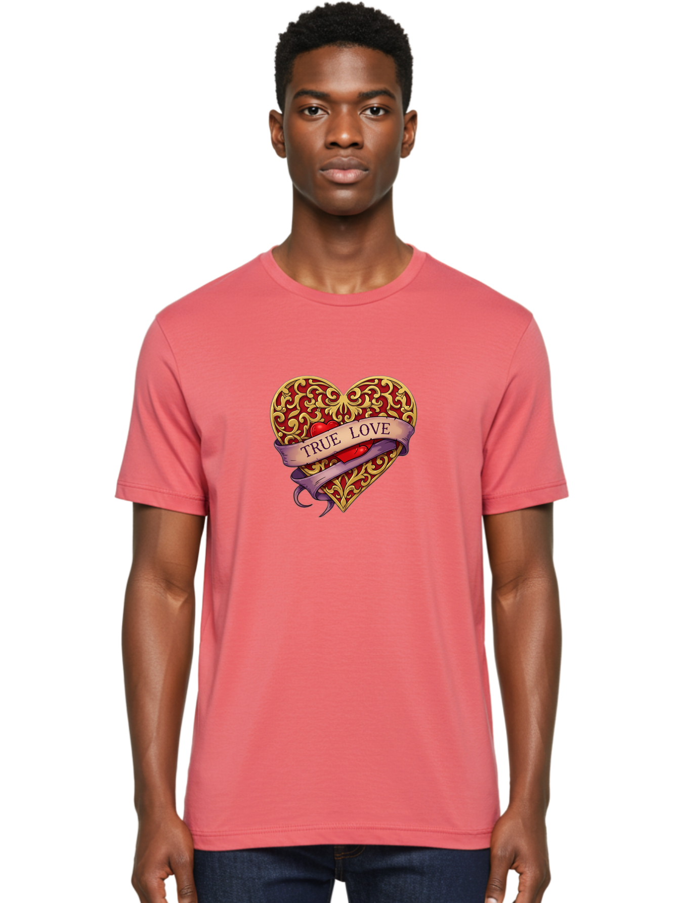 True-Love-3 Men'S Graphic Tee, 100% Cotton, Comfortable Casual Summer Wear, Machine Washable, Tattoo Style Heart, Ornate Gold Design, Red Heart Center, True Love Banner, Vintage Love Symbol, Classic Tattoo Art, Heart With Ribbon, Bae312