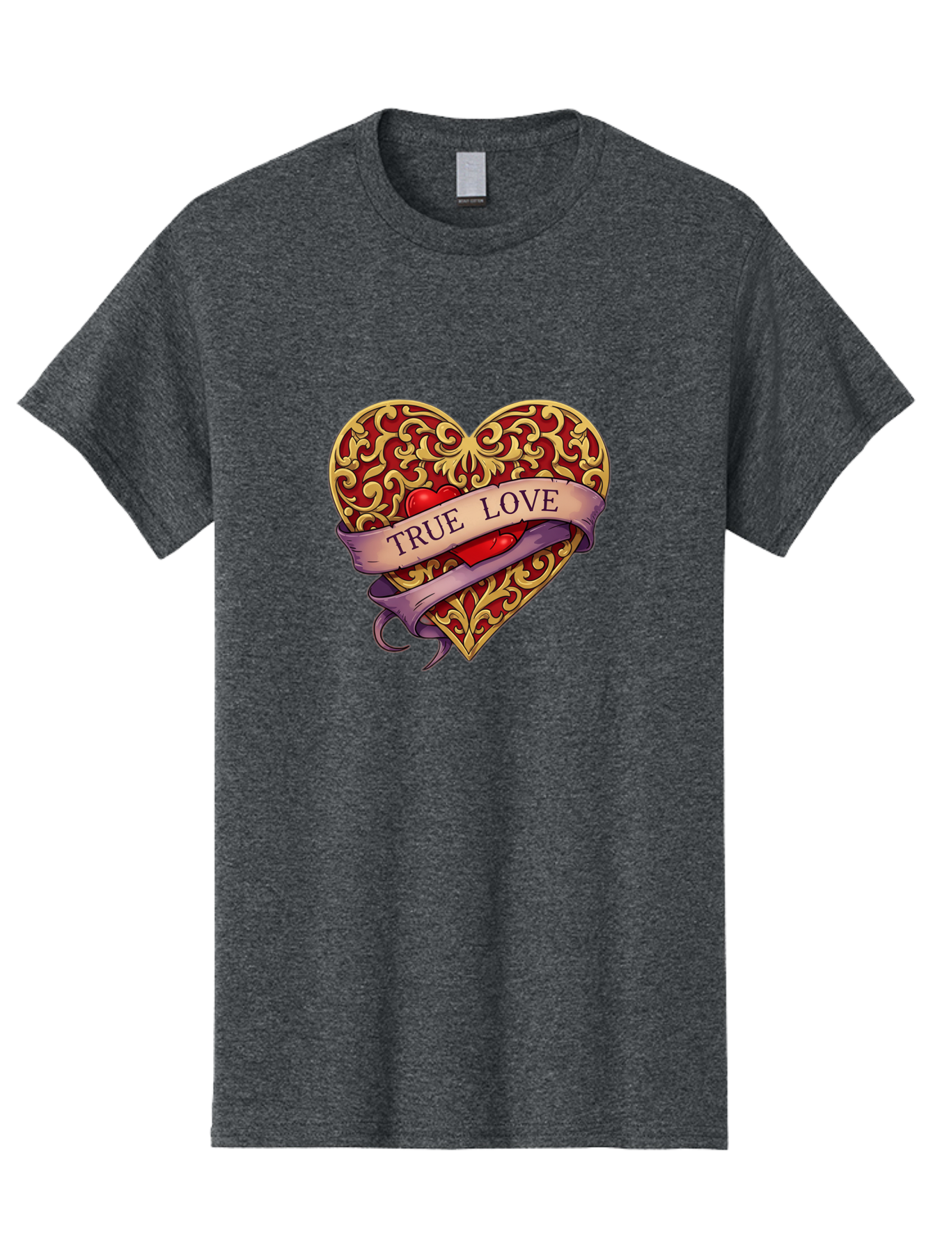 True-Love-3 Men'S Graphic Tee, 100% Cotton, Comfortable Casual Summer Wear, Machine Washable, Tattoo Style Heart, Ornate Gold Design, Red Heart Center, True Love Banner, Vintage Love Symbol, Classic Tattoo Art, Heart With Ribbon, Bae312