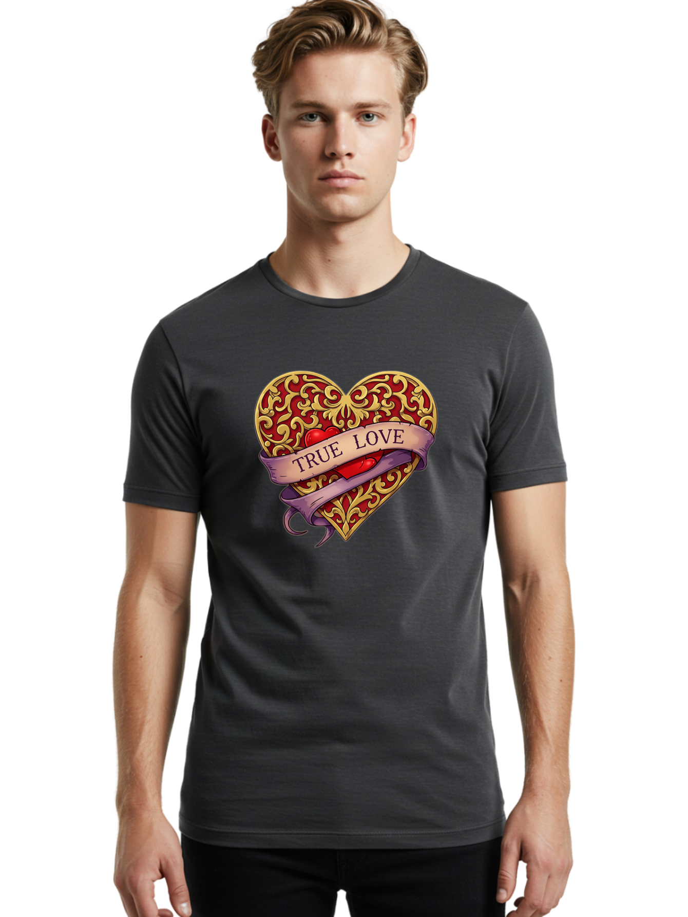 True-Love-3 Men'S Graphic Tee, 100% Cotton, Comfortable Casual Summer Wear, Machine Washable, Tattoo Style Heart, Ornate Gold Design, Red Heart Center, True Love Banner, Vintage Love Symbol, Classic Tattoo Art, Heart With Ribbon, Bae312