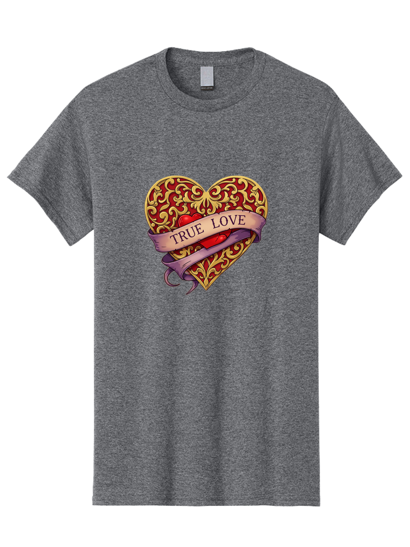 True-Love-3 Men'S Graphic Tee, 100% Cotton, Comfortable Casual Summer Wear, Machine Washable, Tattoo Style Heart, Ornate Gold Design, Red Heart Center, True Love Banner, Vintage Love Symbol, Classic Tattoo Art, Heart With Ribbon, Bae312