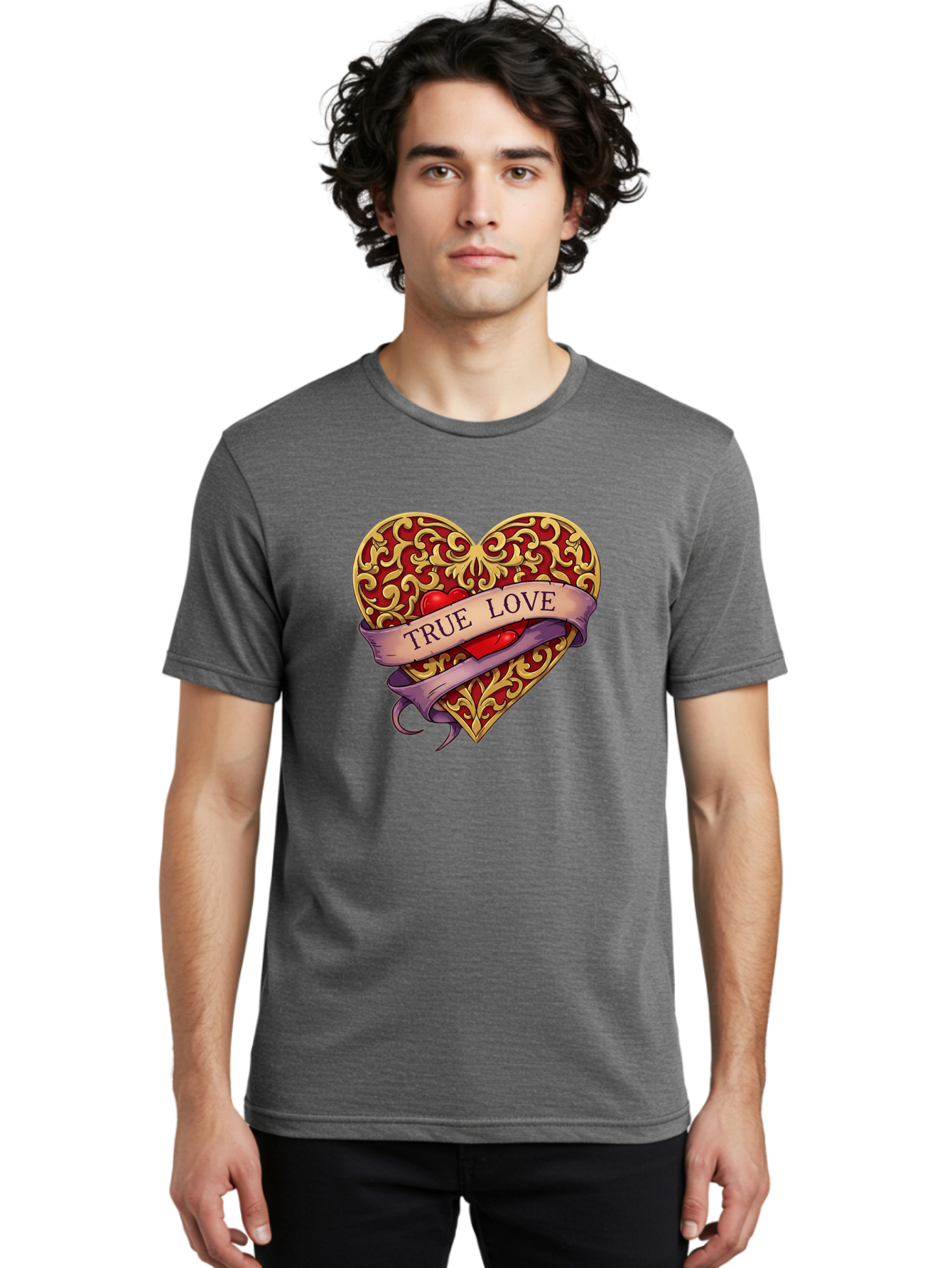 True-Love-3 Men'S Graphic Tee, 100% Cotton, Comfortable Casual Summer Wear, Machine Washable, Tattoo Style Heart, Ornate Gold Design, Red Heart Center, True Love Banner, Vintage Love Symbol, Classic Tattoo Art, Heart With Ribbon, Bae312