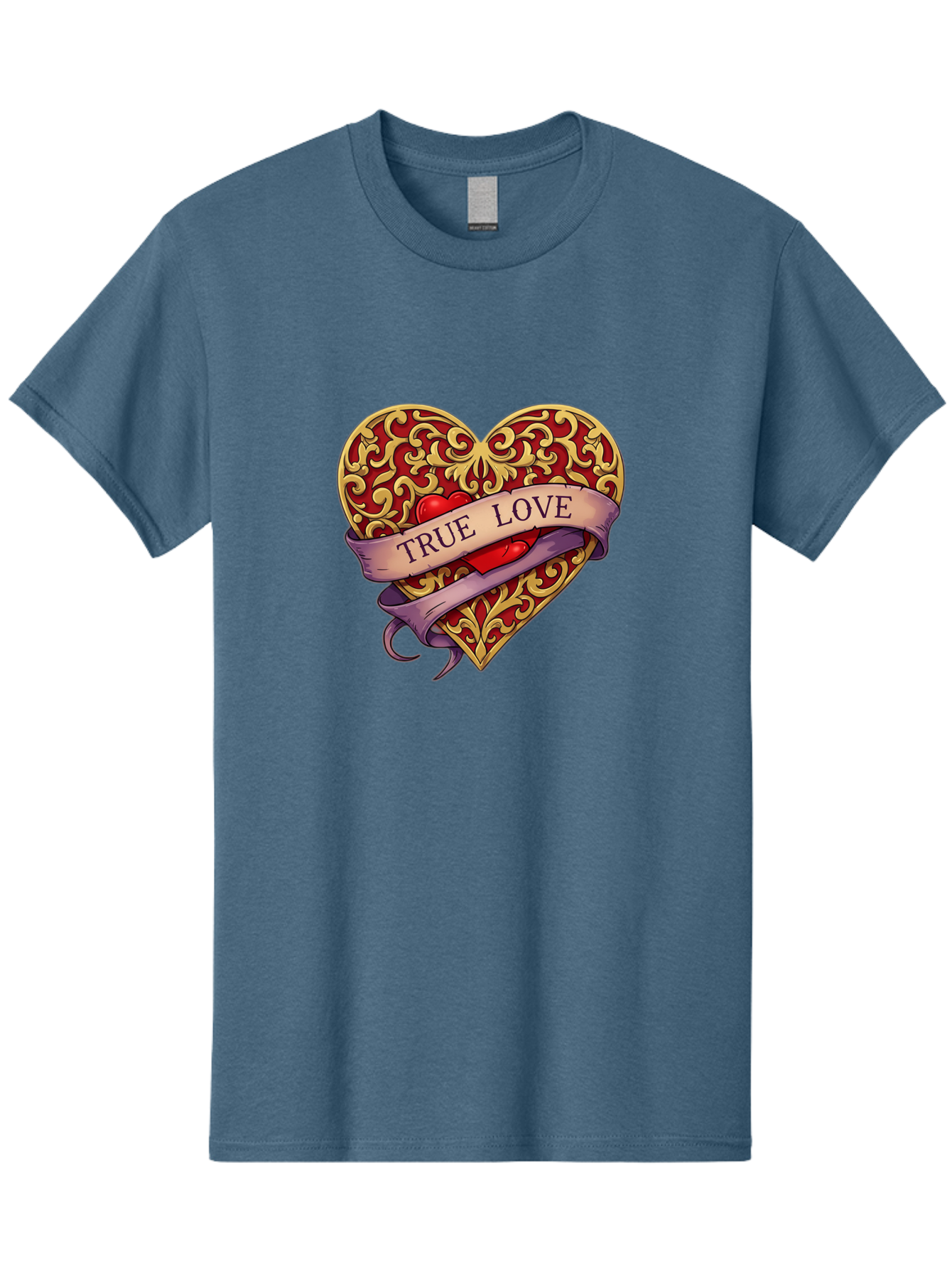 True-Love-3 Men'S Graphic Tee, 100% Cotton, Comfortable Casual Summer Wear, Machine Washable, Tattoo Style Heart, Ornate Gold Design, Red Heart Center, True Love Banner, Vintage Love Symbol, Classic Tattoo Art, Heart With Ribbon, Bae312