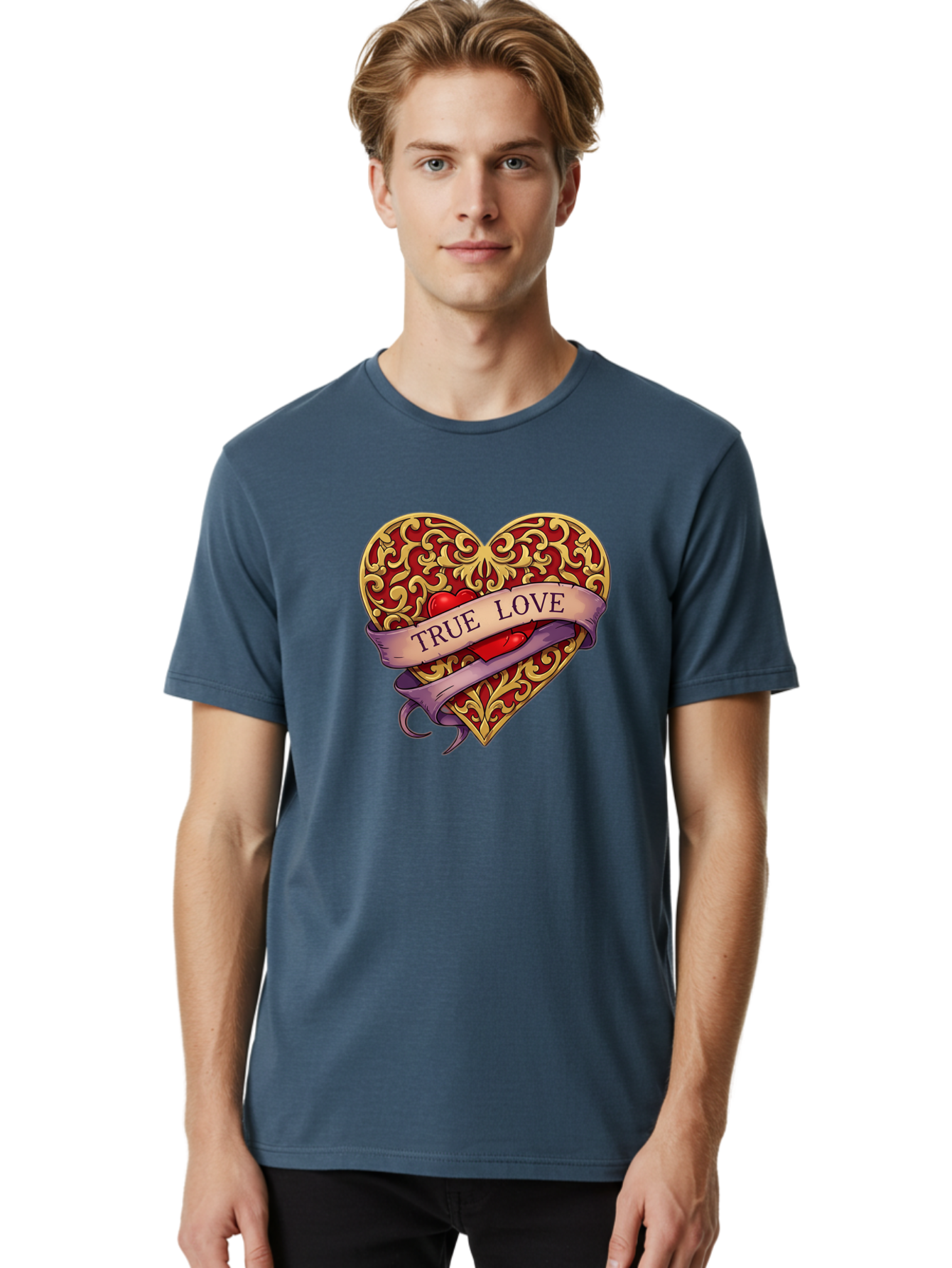 True-Love-3 Men'S Graphic Tee, 100% Cotton, Comfortable Casual Summer Wear, Machine Washable, Tattoo Style Heart, Ornate Gold Design, Red Heart Center, True Love Banner, Vintage Love Symbol, Classic Tattoo Art, Heart With Ribbon, Bae312