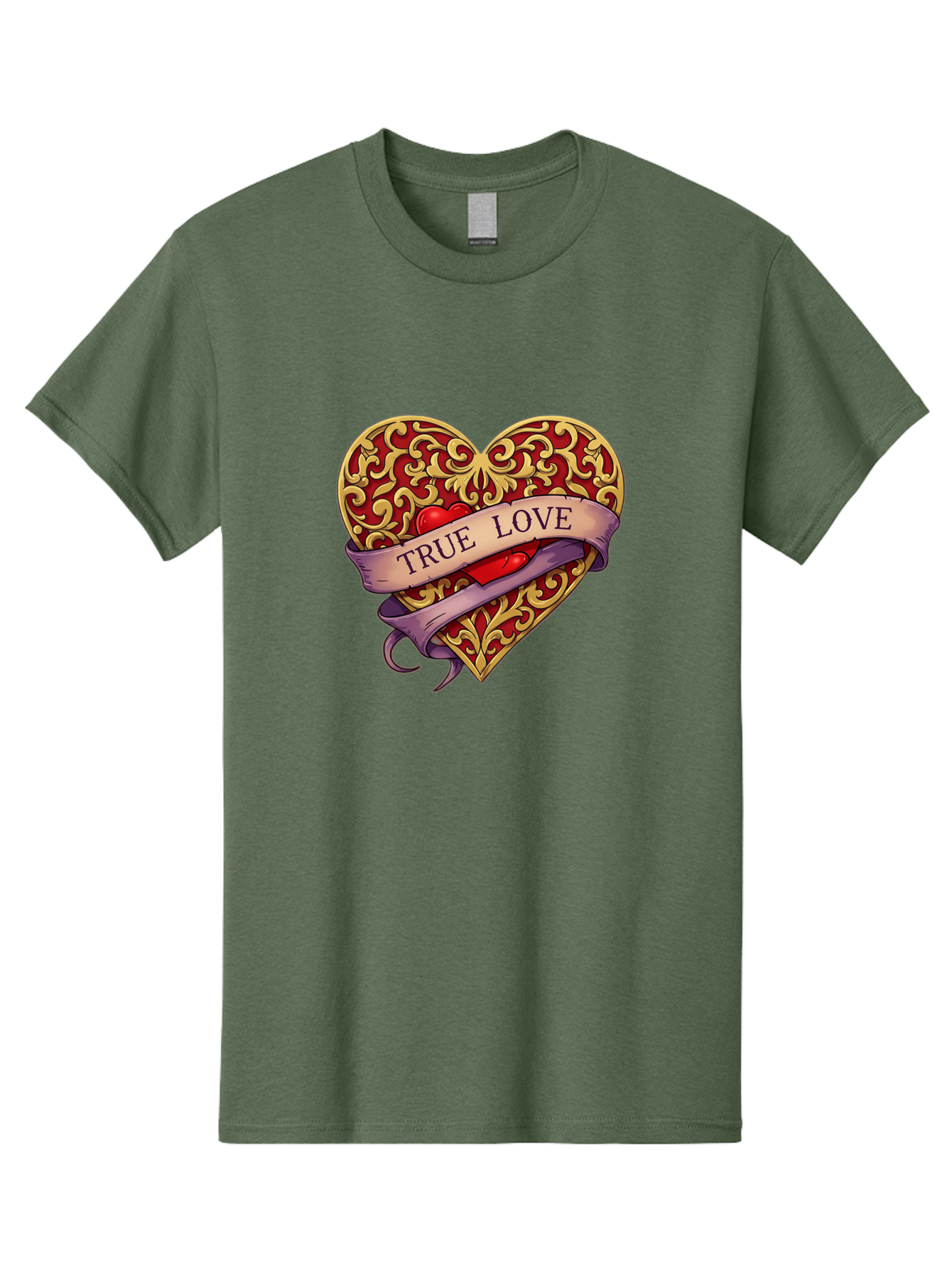 True-Love-3 Men'S Graphic Tee, 100% Cotton, Comfortable Casual Summer Wear, Machine Washable, Tattoo Style Heart, Ornate Gold Design, Red Heart Center, True Love Banner, Vintage Love Symbol, Classic Tattoo Art, Heart With Ribbon, Bae312