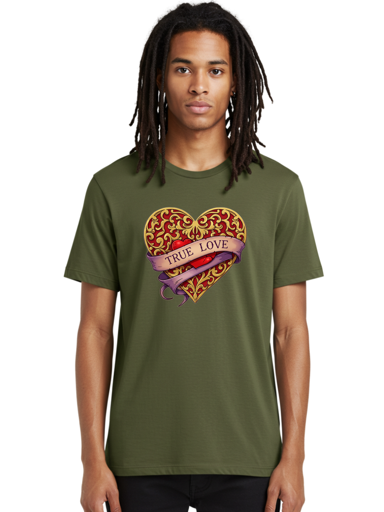 True-Love-3 Men'S Graphic Tee, 100% Cotton, Comfortable Casual Summer Wear, Machine Washable, Tattoo Style Heart, Ornate Gold Design, Red Heart Center, True Love Banner, Vintage Love Symbol, Classic Tattoo Art, Heart With Ribbon, Bae312
