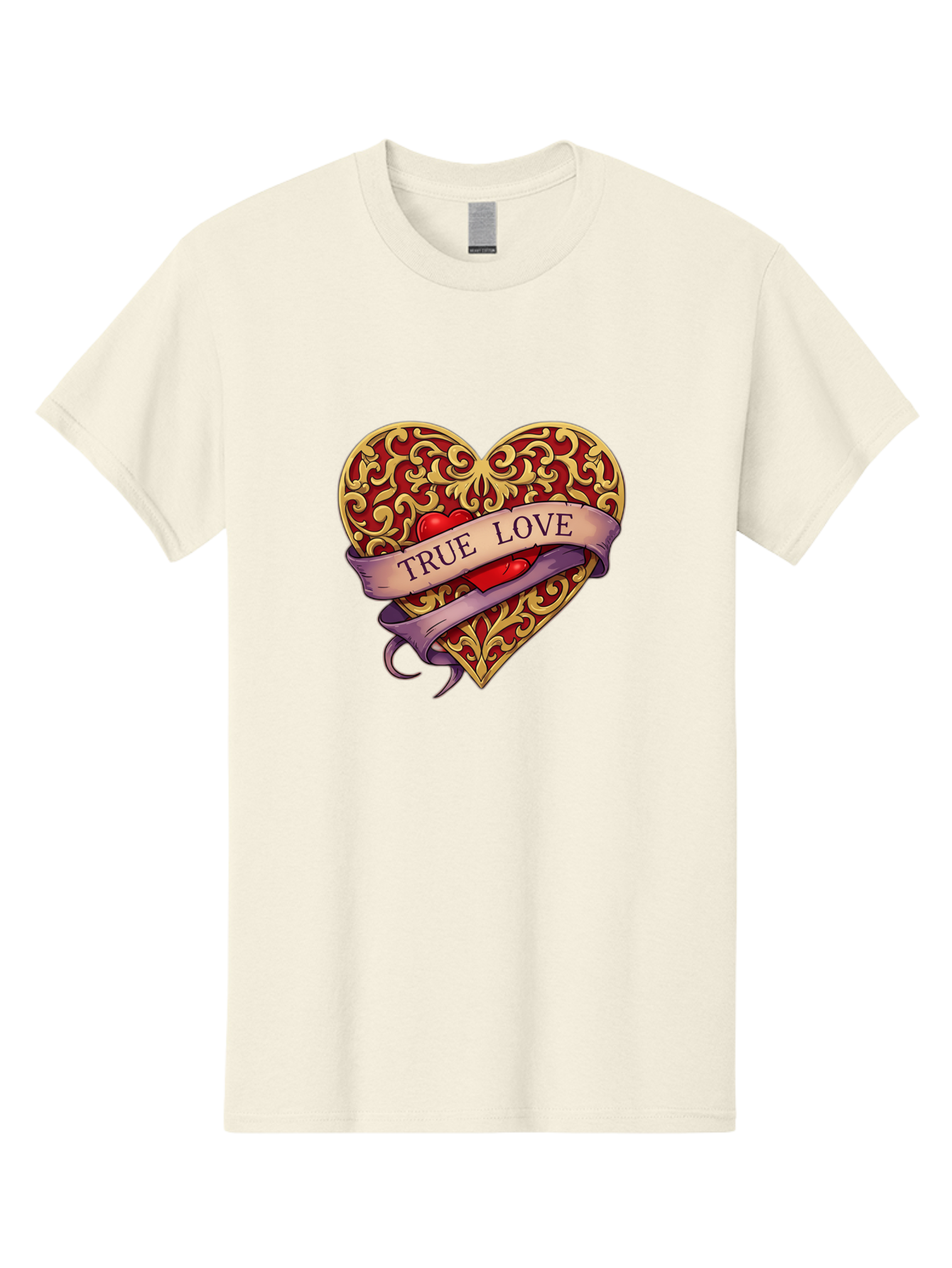 True-Love-3 Men'S Graphic Tee, 100% Cotton, Comfortable Casual Summer Wear, Machine Washable, Tattoo Style Heart, Ornate Gold Design, Red Heart Center, True Love Banner, Vintage Love Symbol, Classic Tattoo Art, Heart With Ribbon, Bae312