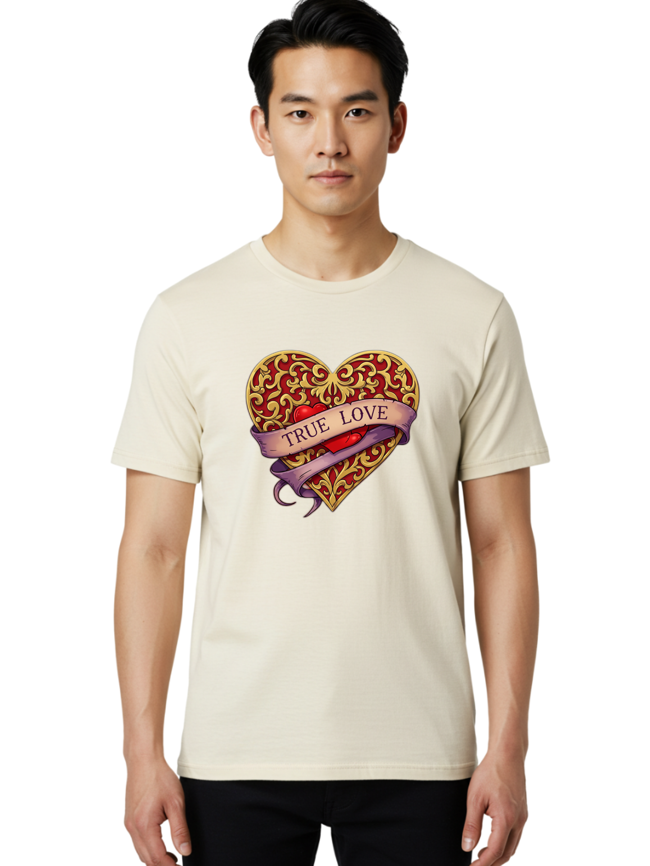 True-Love-3 Men'S Graphic Tee, 100% Cotton, Comfortable Casual Summer Wear, Machine Washable, Tattoo Style Heart, Ornate Gold Design, Red Heart Center, True Love Banner, Vintage Love Symbol, Classic Tattoo Art, Heart With Ribbon, Bae312