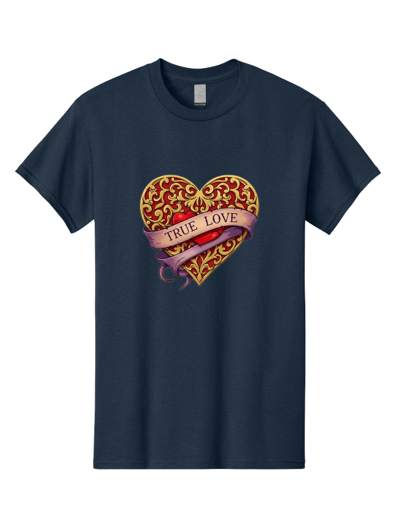 True-Love-3 Men'S Graphic Tee, 100% Cotton, Comfortable Casual Summer Wear, Machine Washable, Tattoo Style Heart, Ornate Gold Design, Red Heart Center, True Love Banner, Vintage Love Symbol, Classic Tattoo Art, Heart With Ribbon, Bae312
