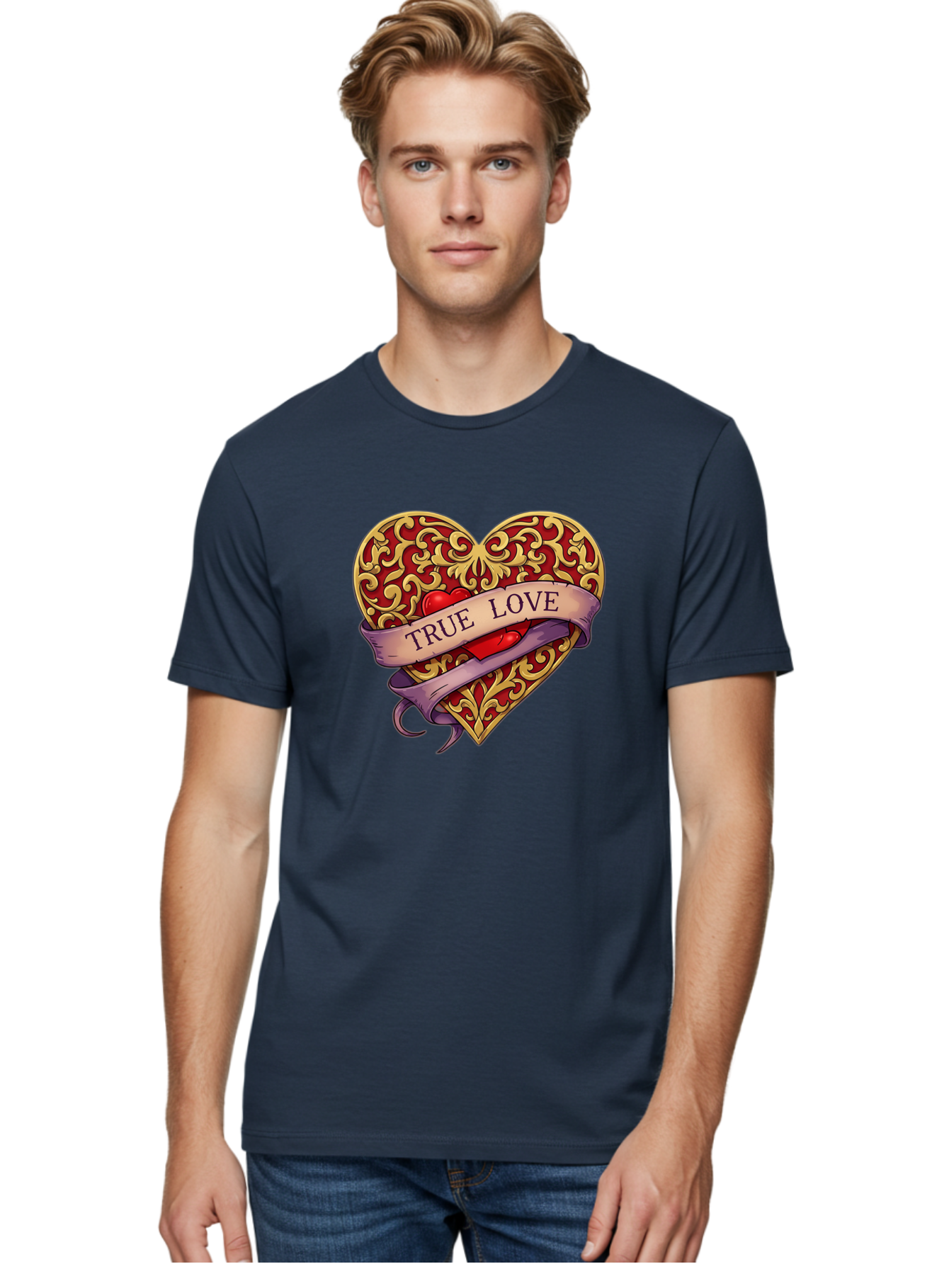 True-Love-3 Men'S Graphic Tee, 100% Cotton, Comfortable Casual Summer Wear, Machine Washable, Tattoo Style Heart, Ornate Gold Design, Red Heart Center, True Love Banner, Vintage Love Symbol, Classic Tattoo Art, Heart With Ribbon, Bae312