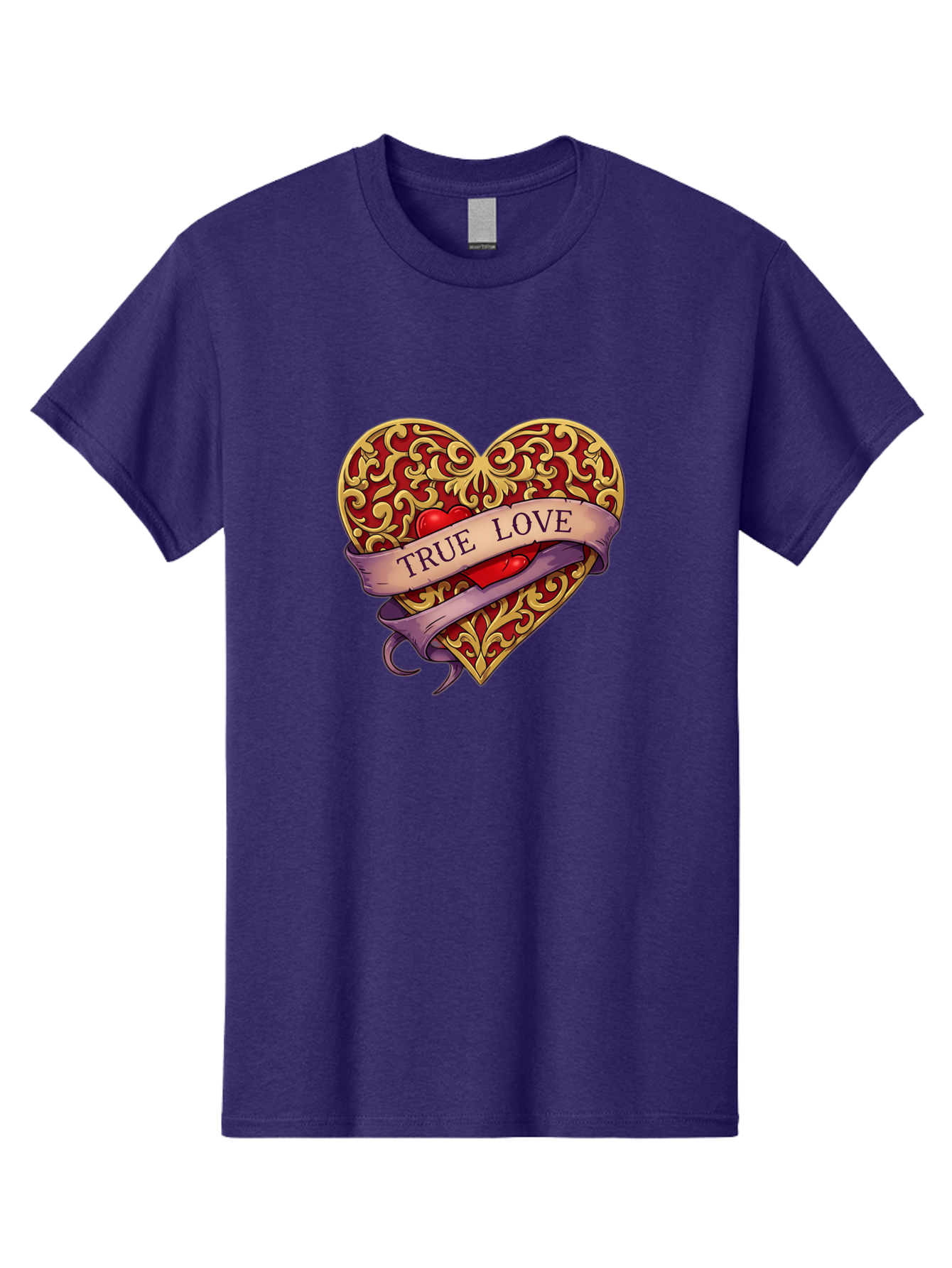 True-Love-3 Men'S Graphic Tee, 100% Cotton, Comfortable Casual Summer Wear, Machine Washable, Tattoo Style Heart, Ornate Gold Design, Red Heart Center, True Love Banner, Vintage Love Symbol, Classic Tattoo Art, Heart With Ribbon, Bae312