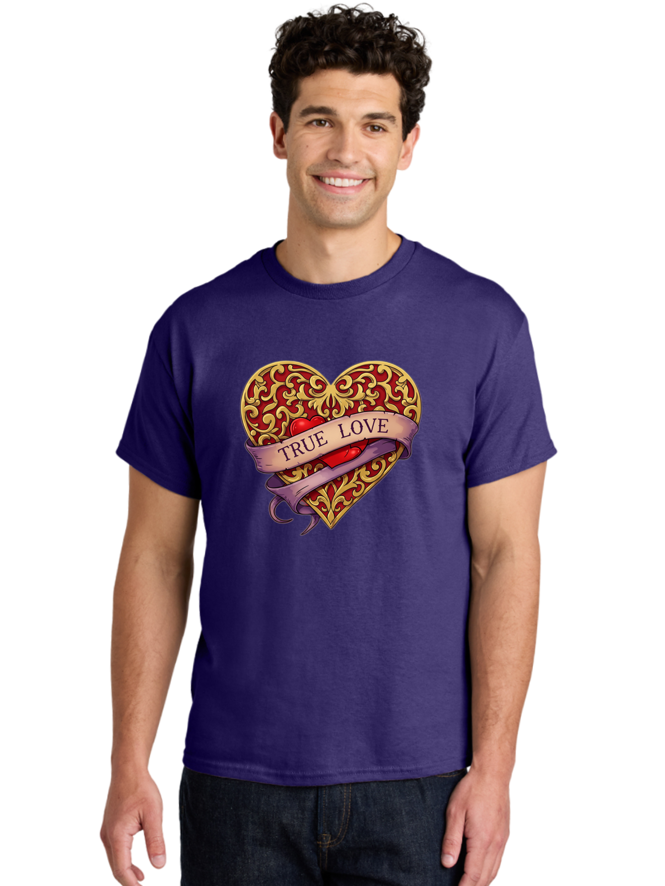 True-Love-3 Men'S Graphic Tee, 100% Cotton, Comfortable Casual Summer Wear, Machine Washable, Tattoo Style Heart, Ornate Gold Design, Red Heart Center, True Love Banner, Vintage Love Symbol, Classic Tattoo Art, Heart With Ribbon, Bae312