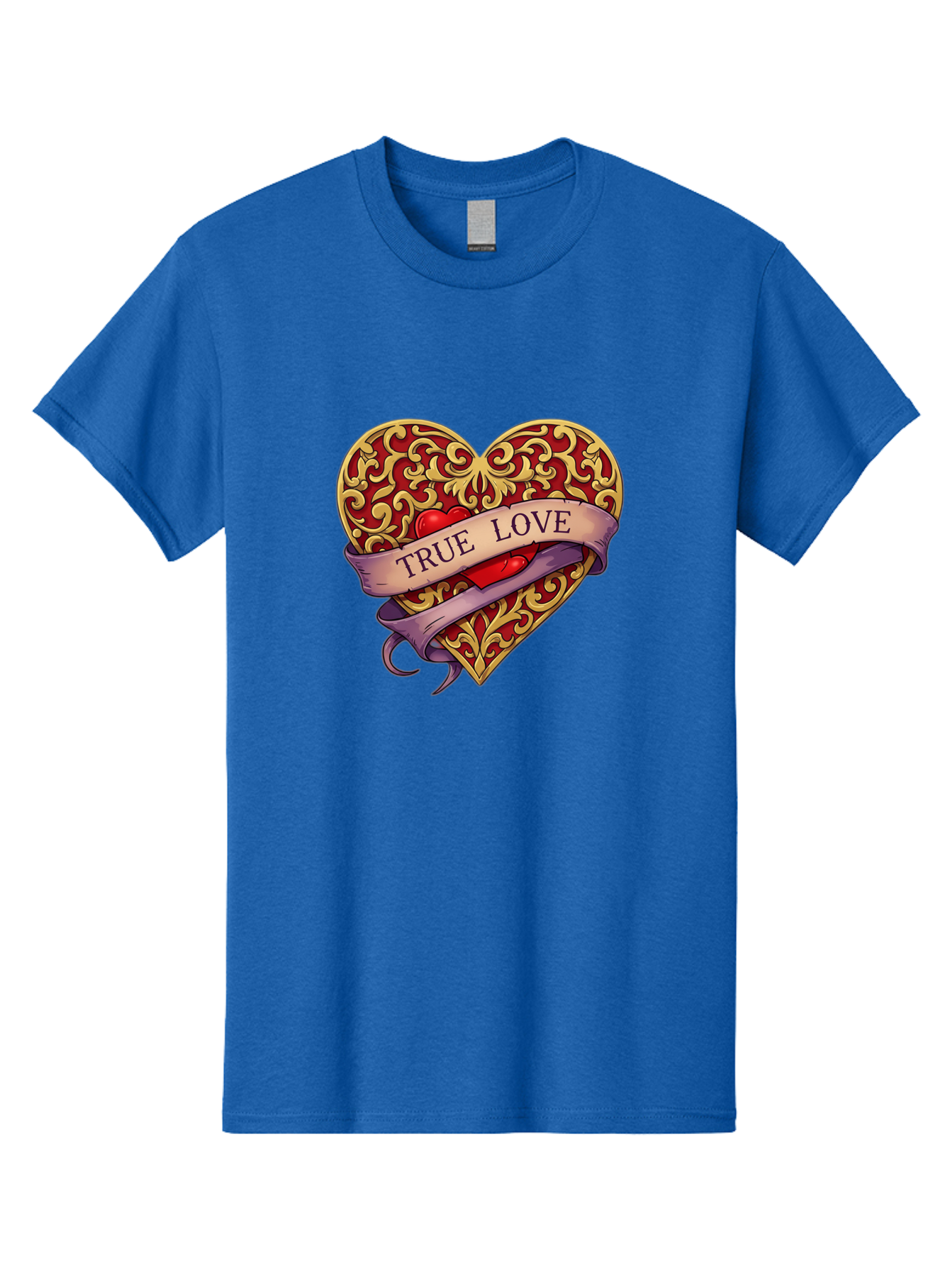 True-Love-3 Men'S Graphic Tee, 100% Cotton, Comfortable Casual Summer Wear, Machine Washable, Tattoo Style Heart, Ornate Gold Design, Red Heart Center, True Love Banner, Vintage Love Symbol, Classic Tattoo Art, Heart With Ribbon, Bae312