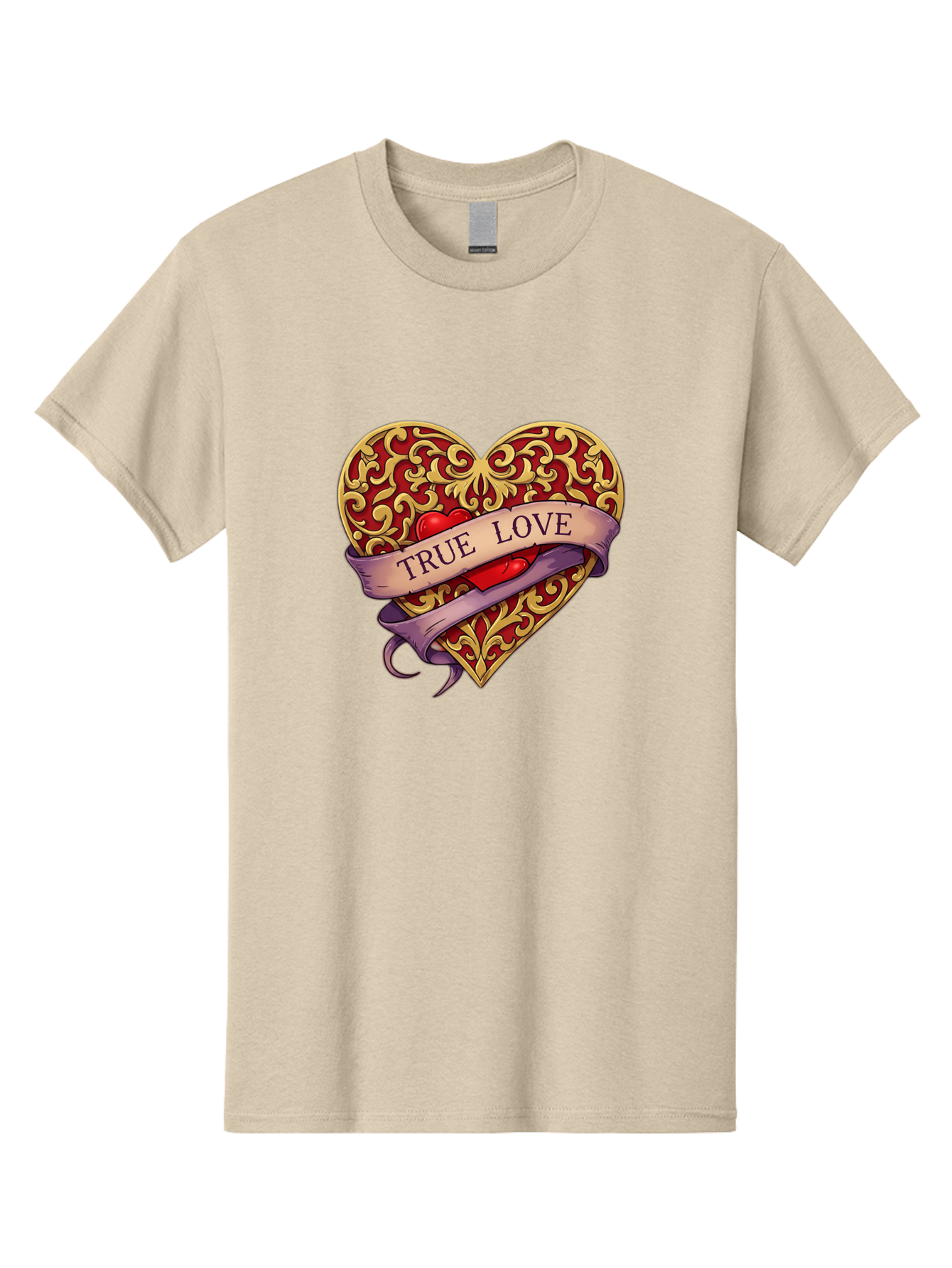 True-Love-3 Men'S Graphic Tee, 100% Cotton, Comfortable Casual Summer Wear, Machine Washable, Tattoo Style Heart, Ornate Gold Design, Red Heart Center, True Love Banner, Vintage Love Symbol, Classic Tattoo Art, Heart With Ribbon, Bae312