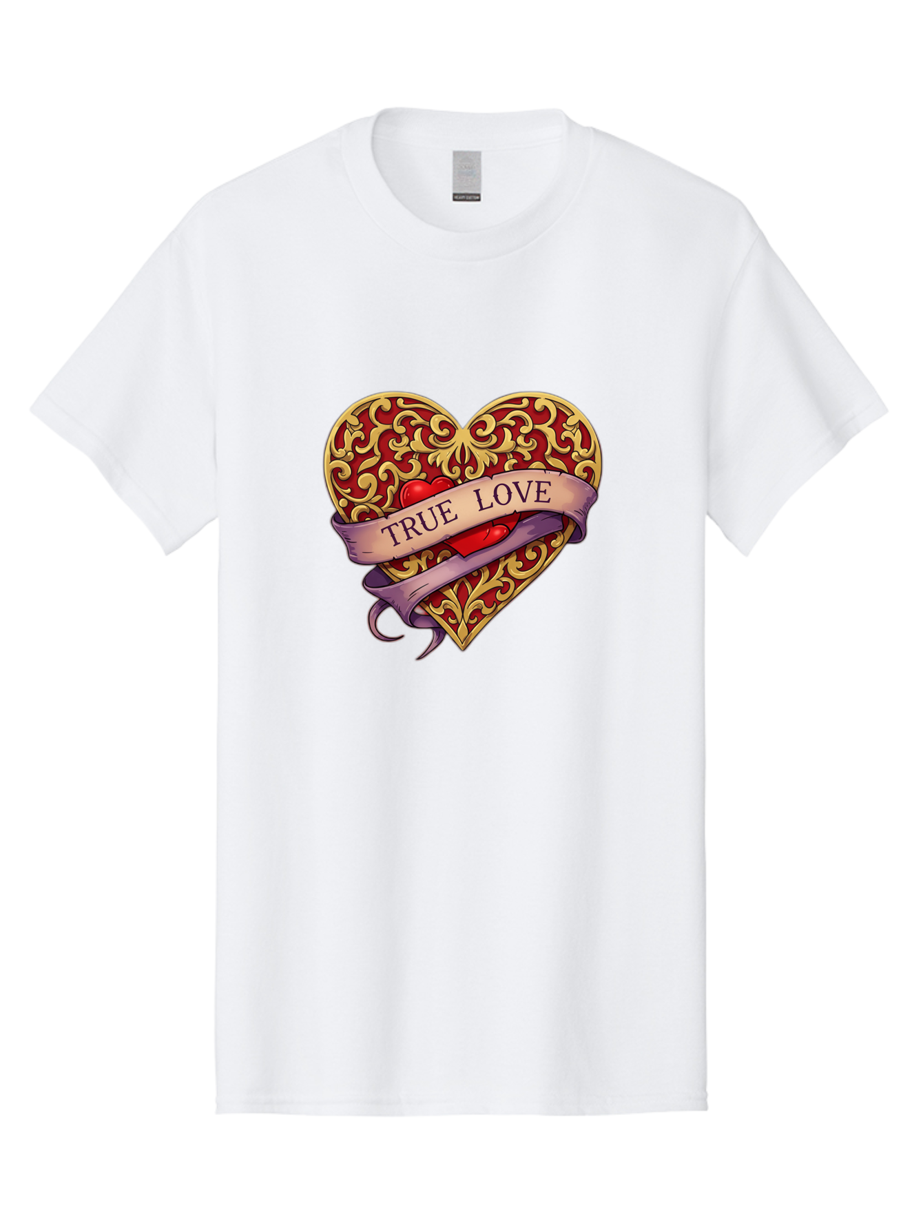 True-Love-3 Men'S Graphic Tee, 100% Cotton, Comfortable Casual Summer Wear, Machine Washable, Tattoo Style Heart, Ornate Gold Design, Red Heart Center, True Love Banner, Vintage Love Symbol, Classic Tattoo Art, Heart With Ribbon, Bae312