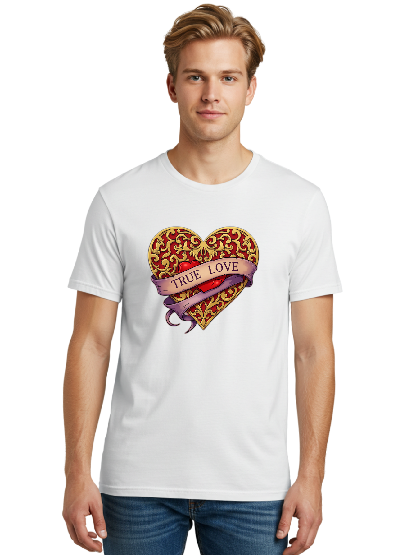 True-Love-3 Men'S Graphic Tee, 100% Cotton, Comfortable Casual Summer Wear, Machine Washable, Tattoo Style Heart, Ornate Gold Design, Red Heart Center, True Love Banner, Vintage Love Symbol, Classic Tattoo Art, Heart With Ribbon, Bae312