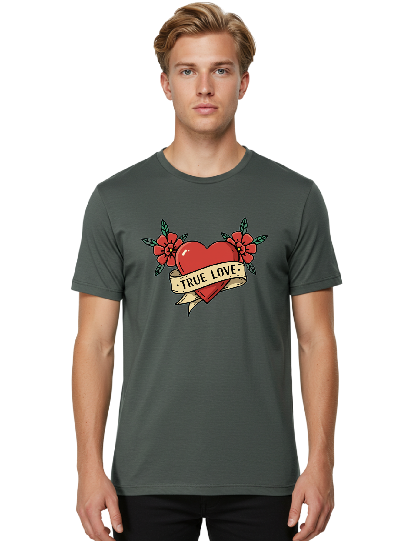 True-Love-4 Men'S Graphic Tee, 100% Cotton, Comfortable Casual Summer Wear, Machine Washable, Red Heart, True Love, Vintage Tattoo, Floral Design, Red Flowers, Love Symbol, Classic Tattoo Art, Heart With Ribbon, Retro Style Bae313