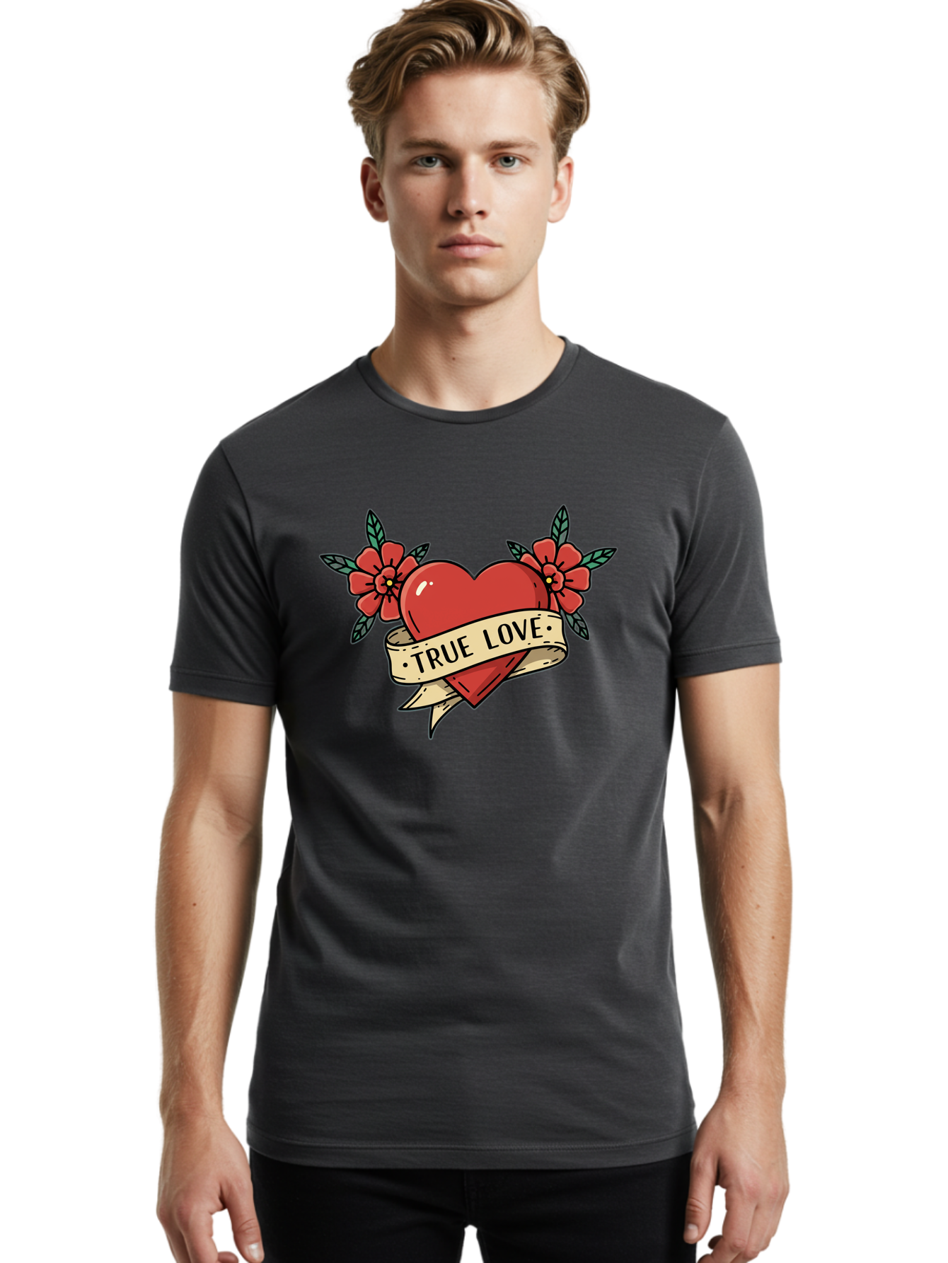 True-Love-4 Men'S Graphic Tee, 100% Cotton, Comfortable Casual Summer Wear, Machine Washable, Red Heart, True Love, Vintage Tattoo, Floral Design, Red Flowers, Love Symbol, Classic Tattoo Art, Heart With Ribbon, Retro Style Bae313