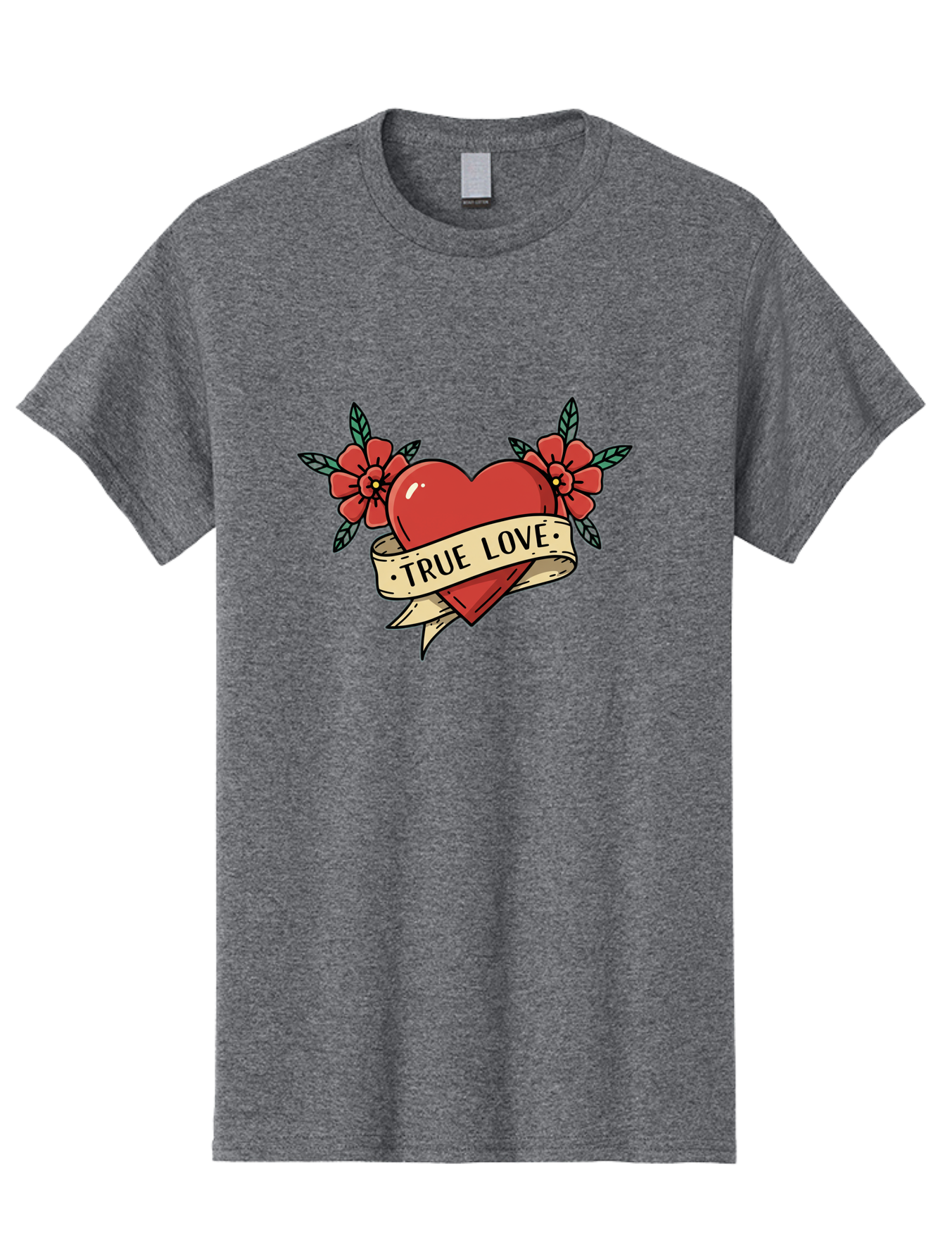 True-Love-4 Men'S Graphic Tee, 100% Cotton, Comfortable Casual Summer Wear, Machine Washable, Red Heart, True Love, Vintage Tattoo, Floral Design, Red Flowers, Love Symbol, Classic Tattoo Art, Heart With Ribbon, Retro Style Bae313