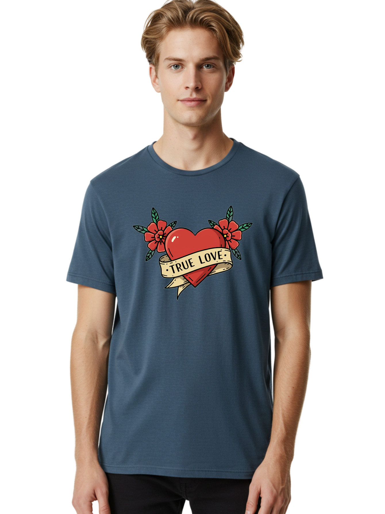 True-Love-4 Men'S Graphic Tee, 100% Cotton, Comfortable Casual Summer Wear, Machine Washable, Red Heart, True Love, Vintage Tattoo, Floral Design, Red Flowers, Love Symbol, Classic Tattoo Art, Heart With Ribbon, Retro Style Bae313