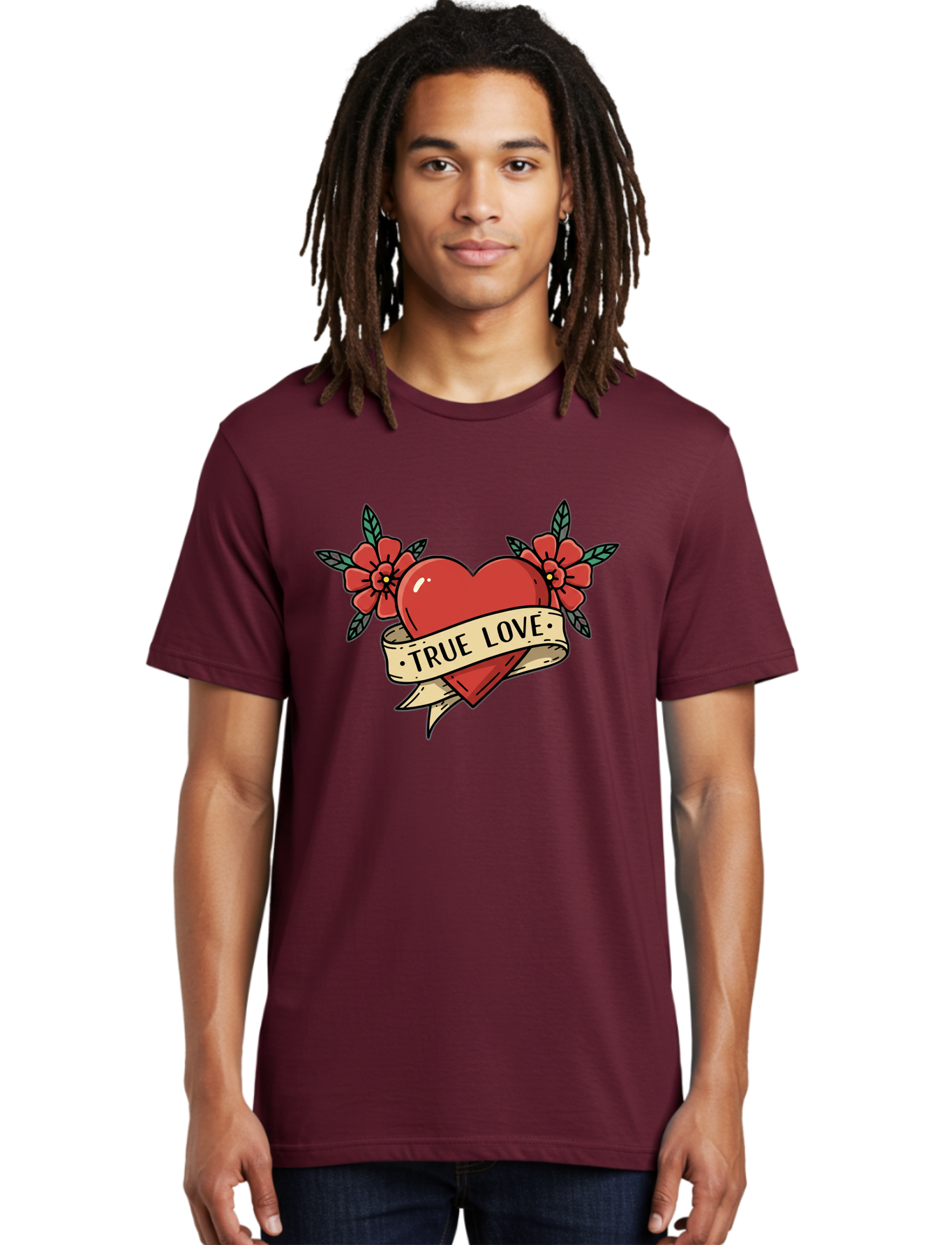 True-Love-4 Men'S Graphic Tee, 100% Cotton, Comfortable Casual Summer Wear, Machine Washable, Red Heart, True Love, Vintage Tattoo, Floral Design, Red Flowers, Love Symbol, Classic Tattoo Art, Heart With Ribbon, Retro Style Bae313