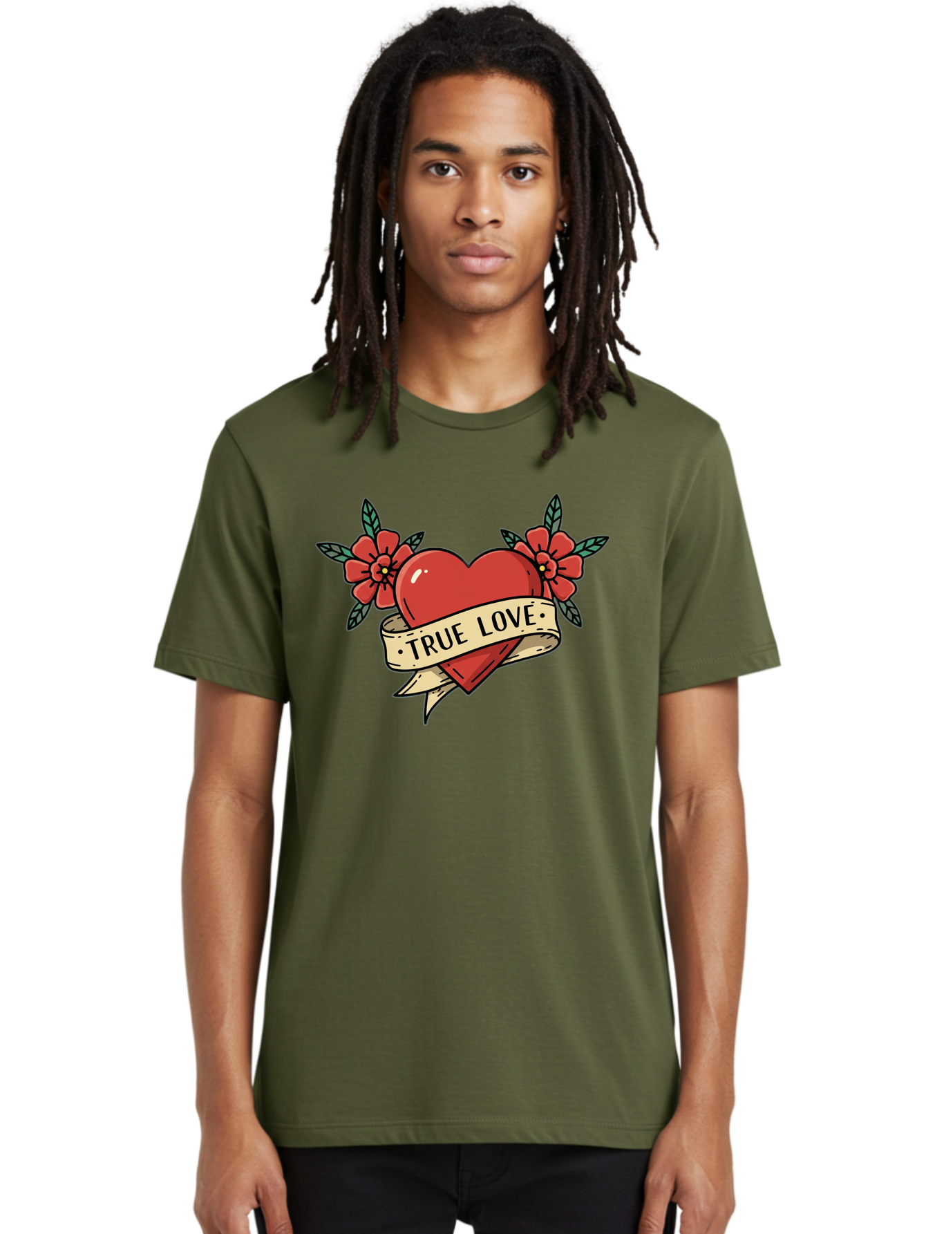True-Love-4 Men'S Graphic Tee, 100% Cotton, Comfortable Casual Summer Wear, Machine Washable, Red Heart, True Love, Vintage Tattoo, Floral Design, Red Flowers, Love Symbol, Classic Tattoo Art, Heart With Ribbon, Retro Style Bae313