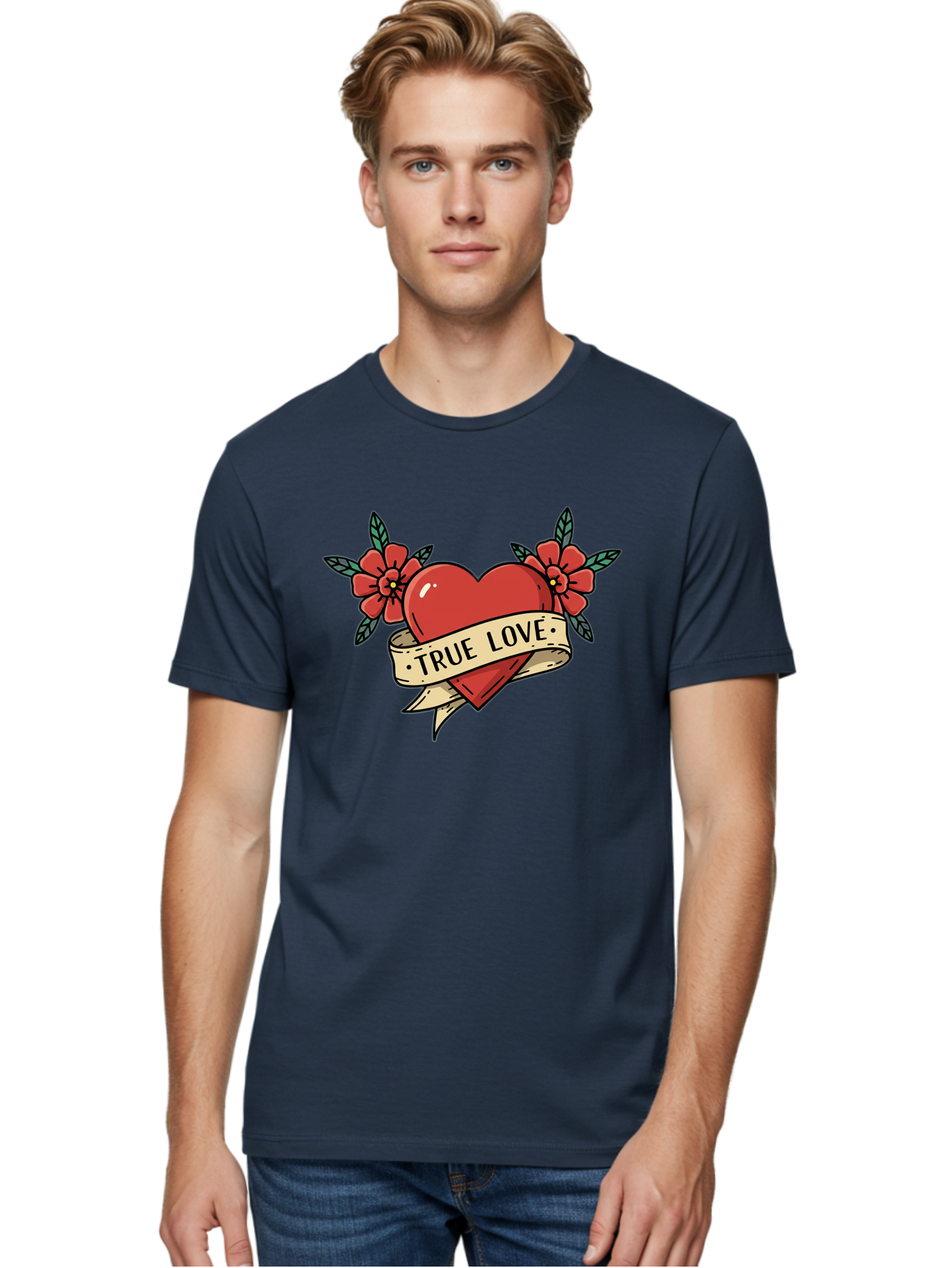 True-Love-4 Men'S Graphic Tee, 100% Cotton, Comfortable Casual Summer Wear, Machine Washable, Red Heart, True Love, Vintage Tattoo, Floral Design, Red Flowers, Love Symbol, Classic Tattoo Art, Heart With Ribbon, Retro Style Bae313
