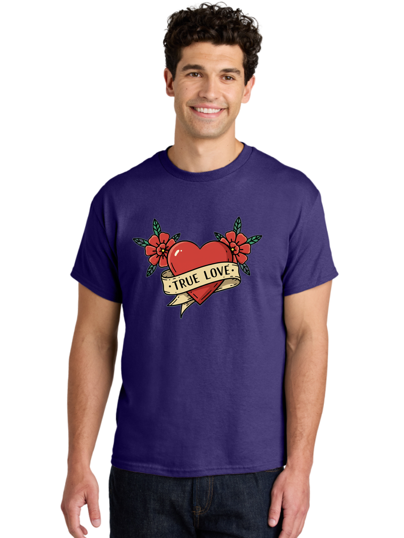 True-Love-4 Men'S Graphic Tee, 100% Cotton, Comfortable Casual Summer Wear, Machine Washable, Red Heart, True Love, Vintage Tattoo, Floral Design, Red Flowers, Love Symbol, Classic Tattoo Art, Heart With Ribbon, Retro Style Bae313
