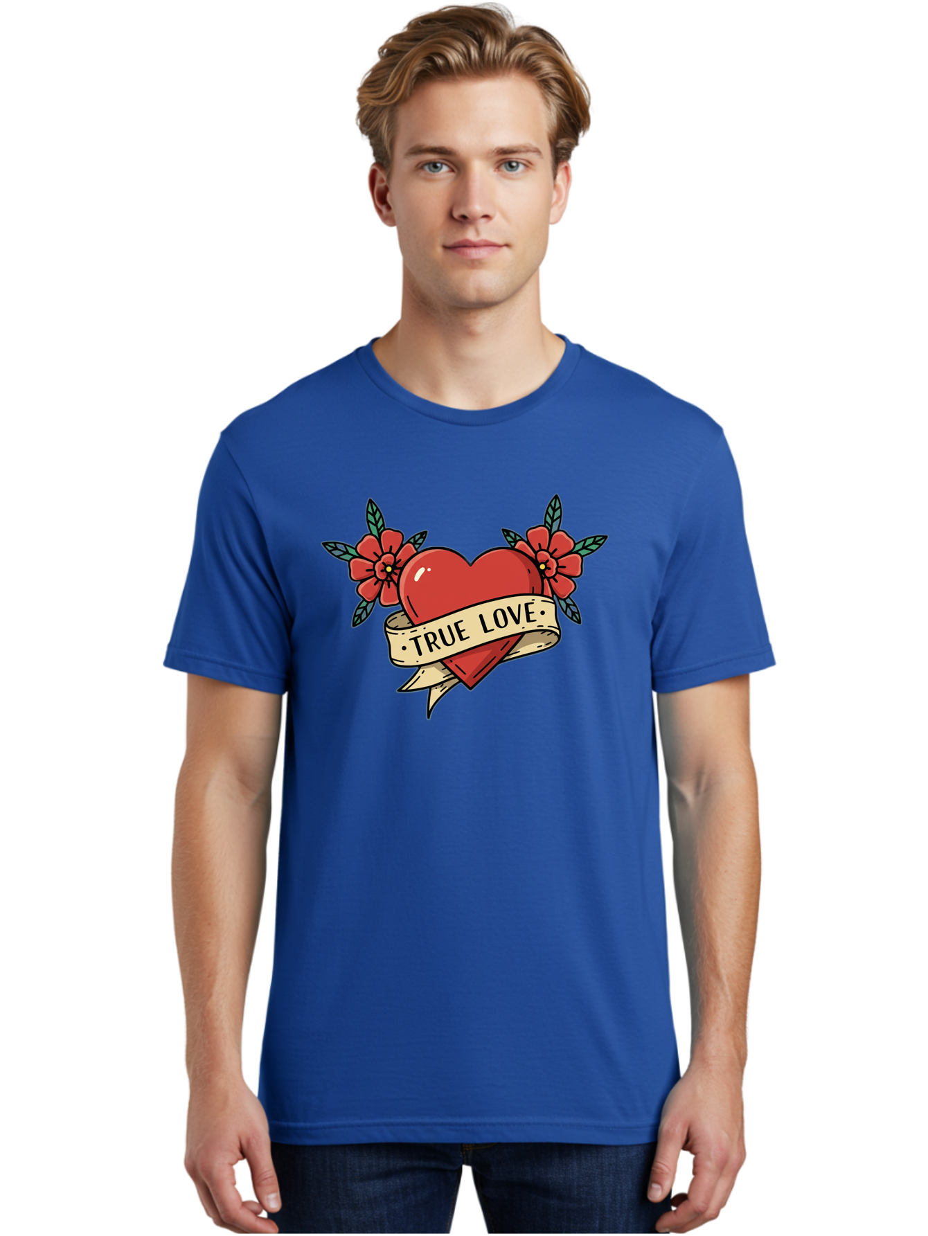 True-Love-4 Men'S Graphic Tee, 100% Cotton, Comfortable Casual Summer Wear, Machine Washable, Red Heart, True Love, Vintage Tattoo, Floral Design, Red Flowers, Love Symbol, Classic Tattoo Art, Heart With Ribbon, Retro Style Bae313