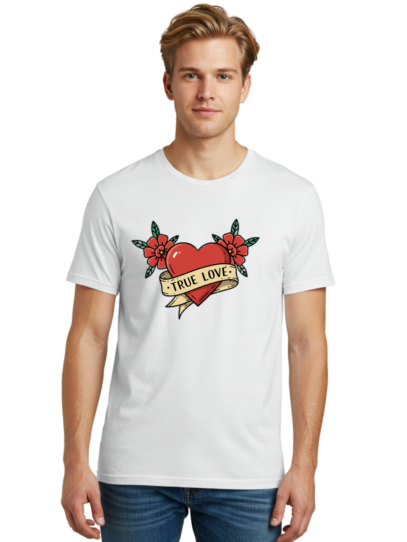 True-Love-4 Men'S Graphic Tee, 100% Cotton, Comfortable Casual Summer Wear, Machine Washable, Red Heart, True Love, Vintage Tattoo, Floral Design, Red Flowers, Love Symbol, Classic Tattoo Art, Heart With Ribbon, Retro Style Bae313