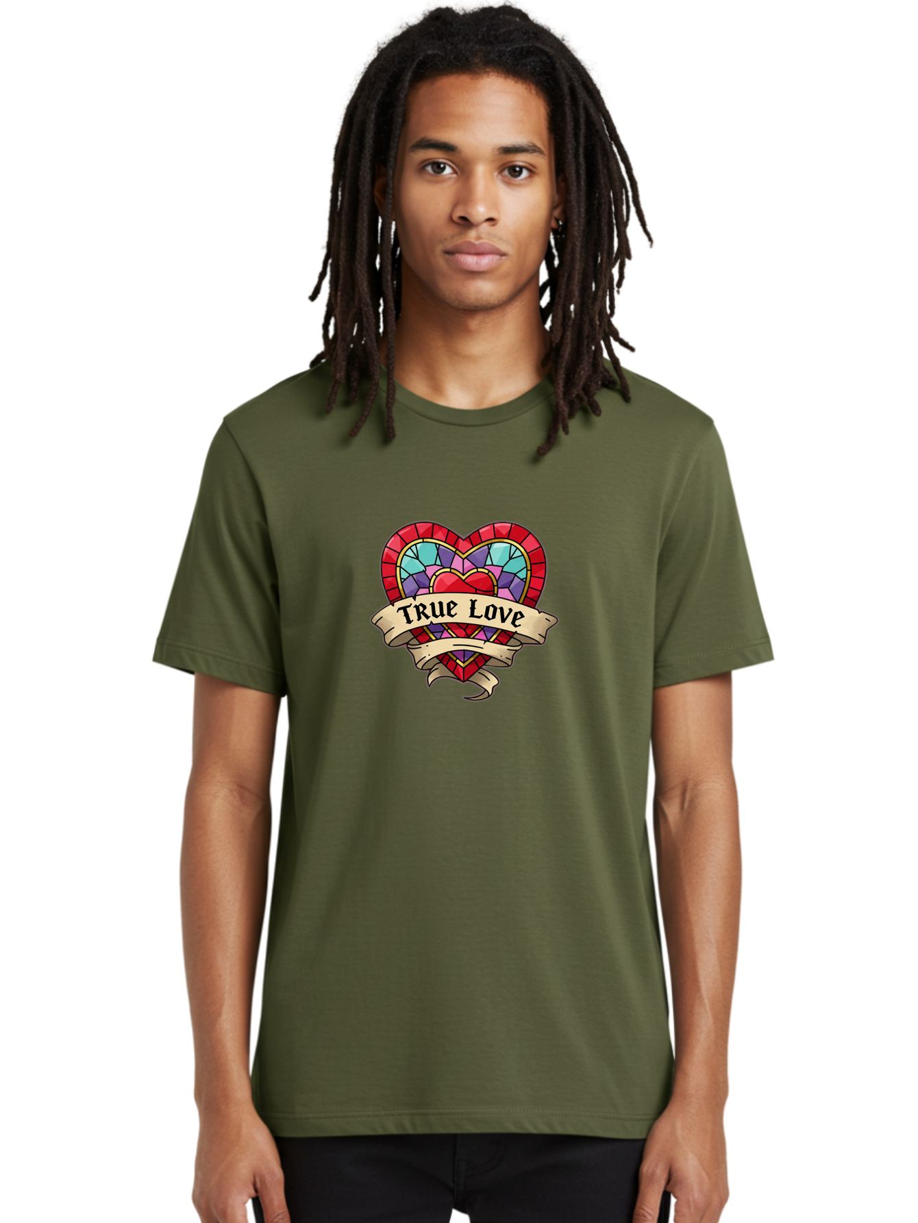 True-Love-5 Men'S Graphic Tee, 100% Cotton, Comfortable Casual Summer Wear, Machine Washable, Tattoo Style Heart, Stained Glass Heart, True Love, Valentine'S Day, Love Symbol, Heart Shaped, Romantic Gesture, Colorful Heart, Vintage Love Bae314