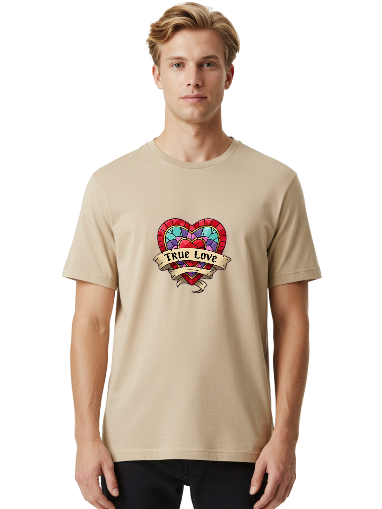 True-Love-5 Men'S Graphic Tee, 100% Cotton, Comfortable Casual Summer Wear, Machine Washable, Tattoo Style Heart, Stained Glass Heart, True Love, Valentine'S Day, Love Symbol, Heart Shaped, Romantic Gesture, Colorful Heart, Vintage Love Bae314
