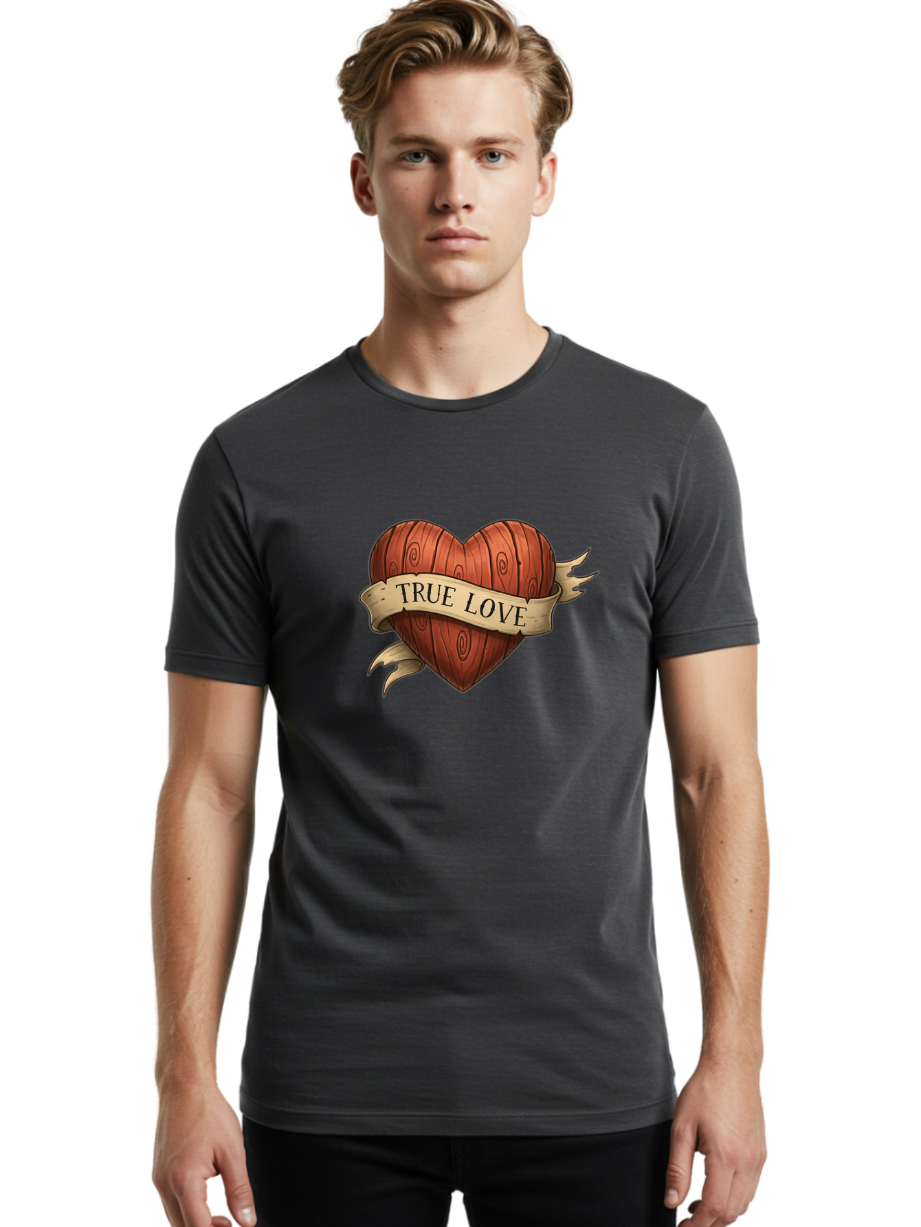True-Love-6 Men'S Graphic Tee, 100% Cotton, Comfortable Casual Summer Wear, Machine Washable, Wooden Heart, Vintage Love, True Love, Tattoo Art, Classic Symbol, Traditional Design, Romantic Gesture, Wooden Texture, Heart Shape, Nostalgic Feel, Bae315