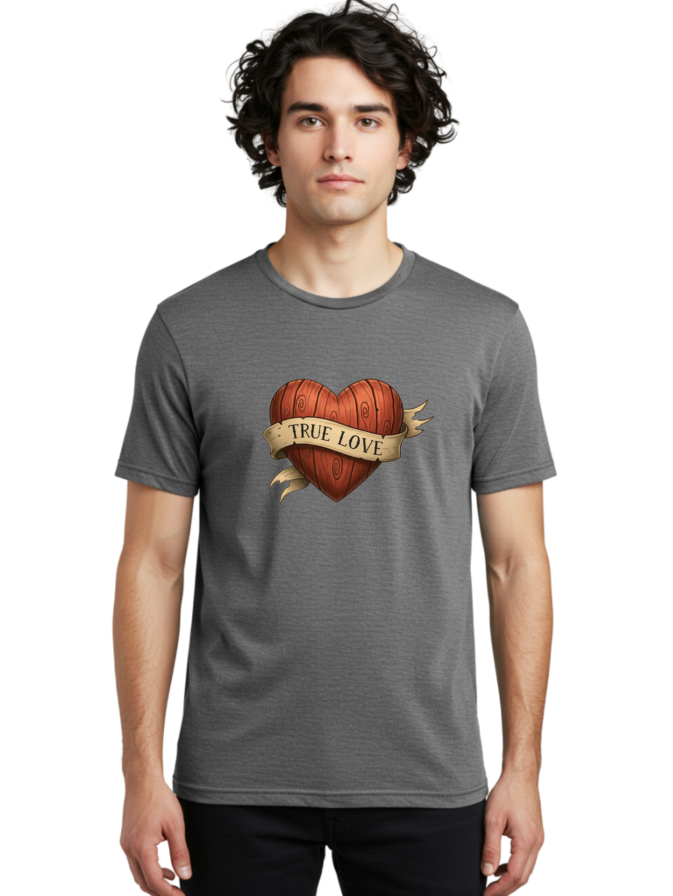 True-Love-6 Men'S Graphic Tee, 100% Cotton, Comfortable Casual Summer Wear, Machine Washable, Wooden Heart, Vintage Love, True Love, Tattoo Art, Classic Symbol, Traditional Design, Romantic Gesture, Wooden Texture, Heart Shape, Nostalgic Feel, Bae315
