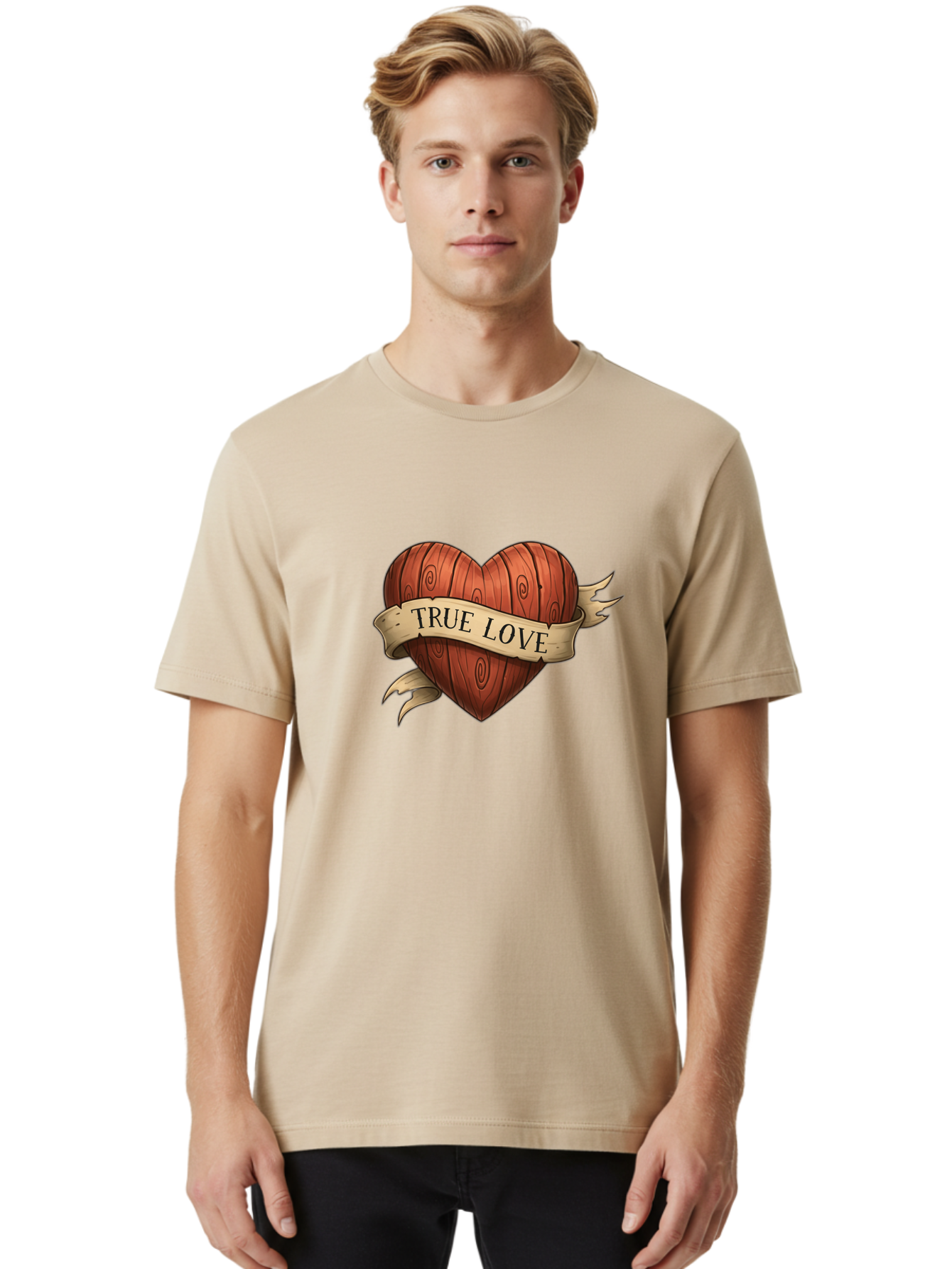 True-Love-6 Men'S Graphic Tee, 100% Cotton, Comfortable Casual Summer Wear, Machine Washable, Wooden Heart, Vintage Love, True Love, Tattoo Art, Classic Symbol, Traditional Design, Romantic Gesture, Wooden Texture, Heart Shape, Nostalgic Feel, Bae315