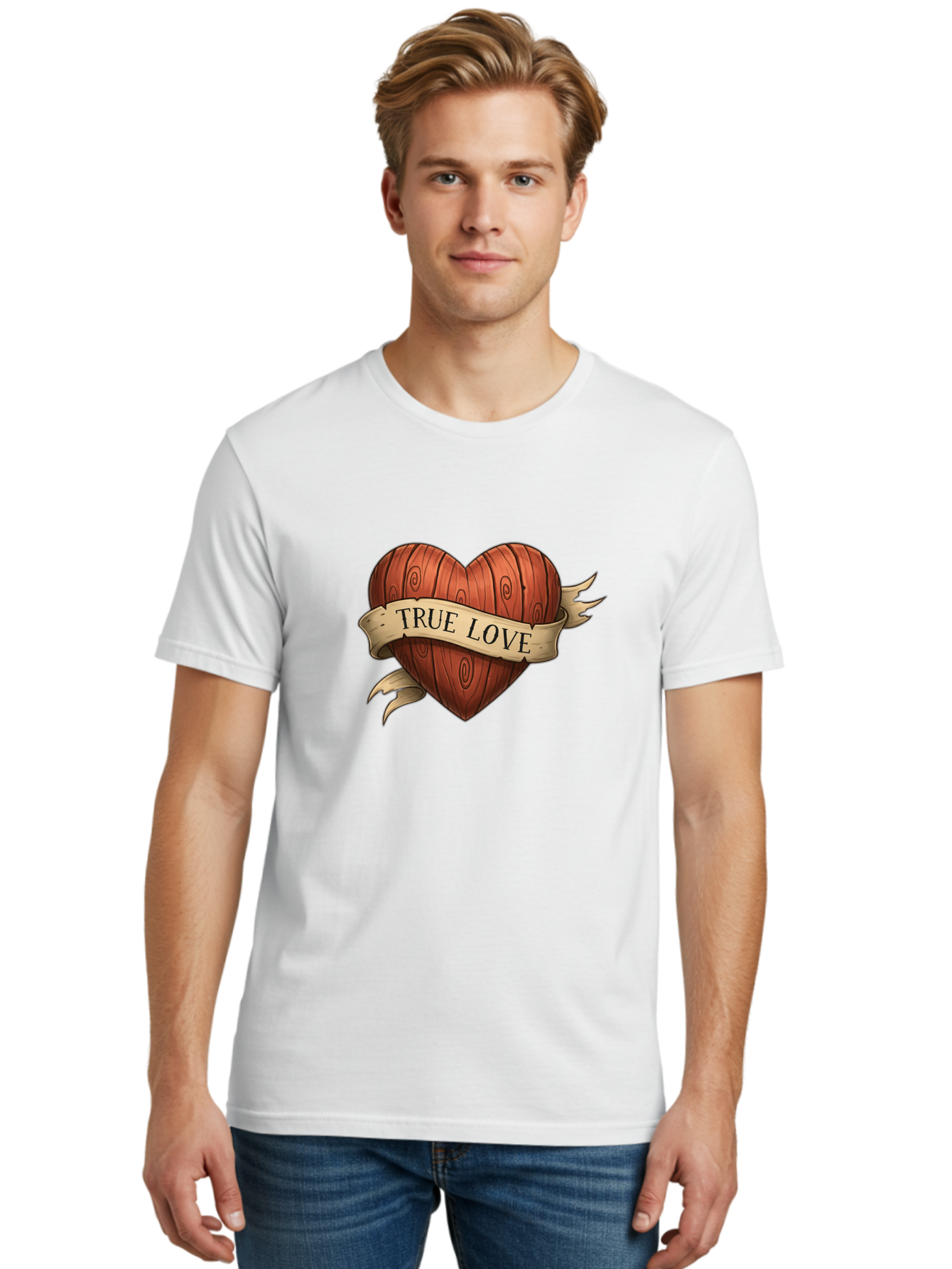 True-Love-6 Men'S Graphic Tee, 100% Cotton, Comfortable Casual Summer Wear, Machine Washable, Wooden Heart, Vintage Love, True Love, Tattoo Art, Classic Symbol, Traditional Design, Romantic Gesture, Wooden Texture, Heart Shape, Nostalgic Feel, Bae315
