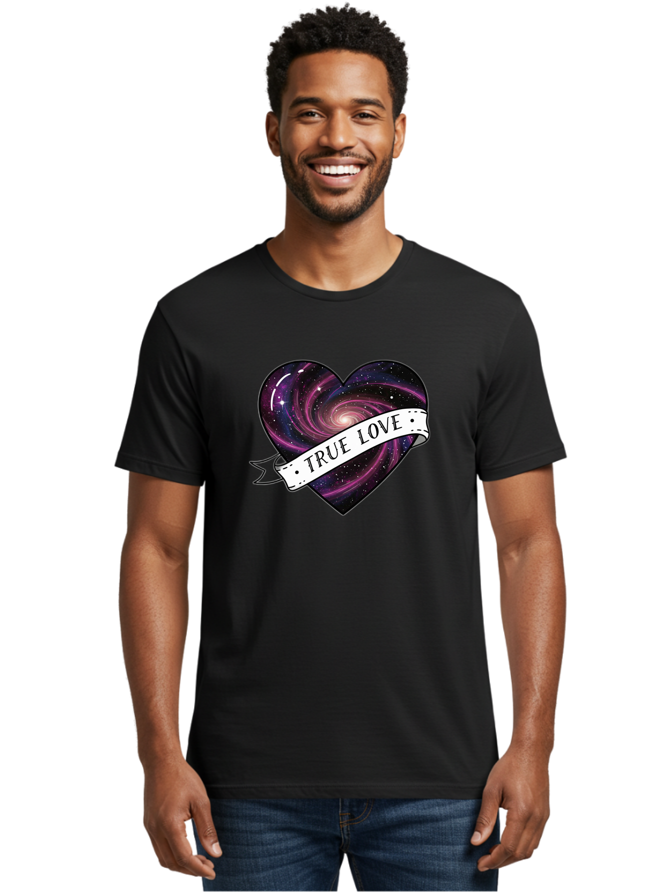 True-Love-7 Men'S Graphic Tee, 100% Cotton, Comfortable Casual Summer Wear, Machine Washable, Galaxy Heart, Cosmic Love, Purple Galaxy, Heart Shape, Stars And Planets, Romantic Symbol, True Love, Space-Inspired Art, Celestial Design, Bae316