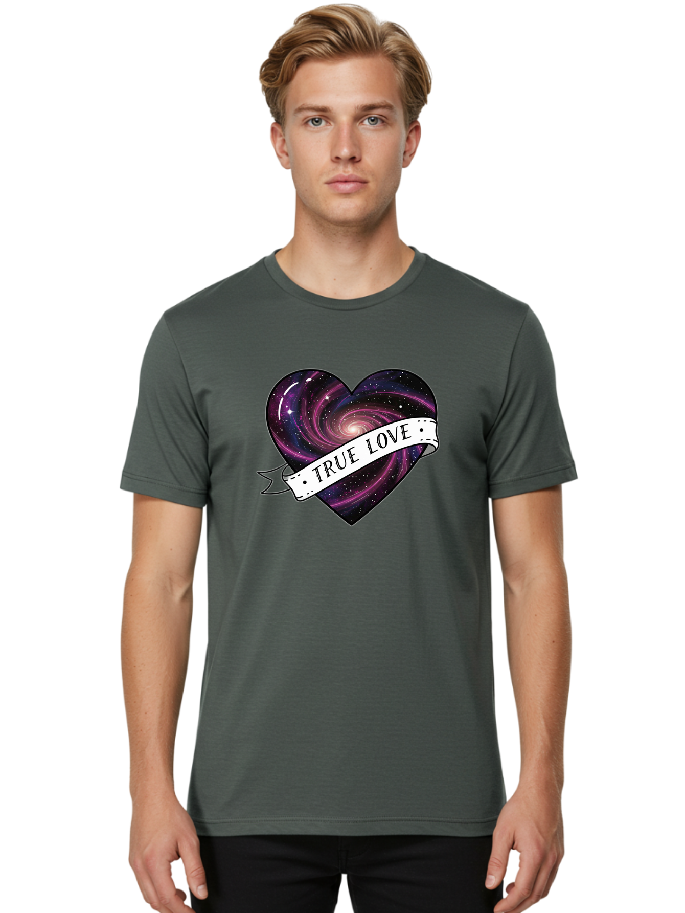 True-Love-7 Men'S Graphic Tee, 100% Cotton, Comfortable Casual Summer Wear, Machine Washable, Galaxy Heart, Cosmic Love, Purple Galaxy, Heart Shape, Stars And Planets, Romantic Symbol, True Love, Space-Inspired Art, Celestial Design, Bae316
