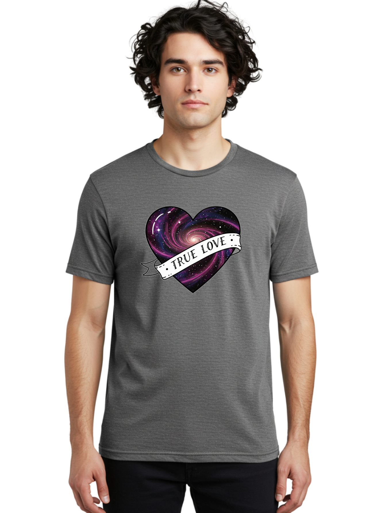 True-Love-7 Men'S Graphic Tee, 100% Cotton, Comfortable Casual Summer Wear, Machine Washable, Galaxy Heart, Cosmic Love, Purple Galaxy, Heart Shape, Stars And Planets, Romantic Symbol, True Love, Space-Inspired Art, Celestial Design, Bae316
