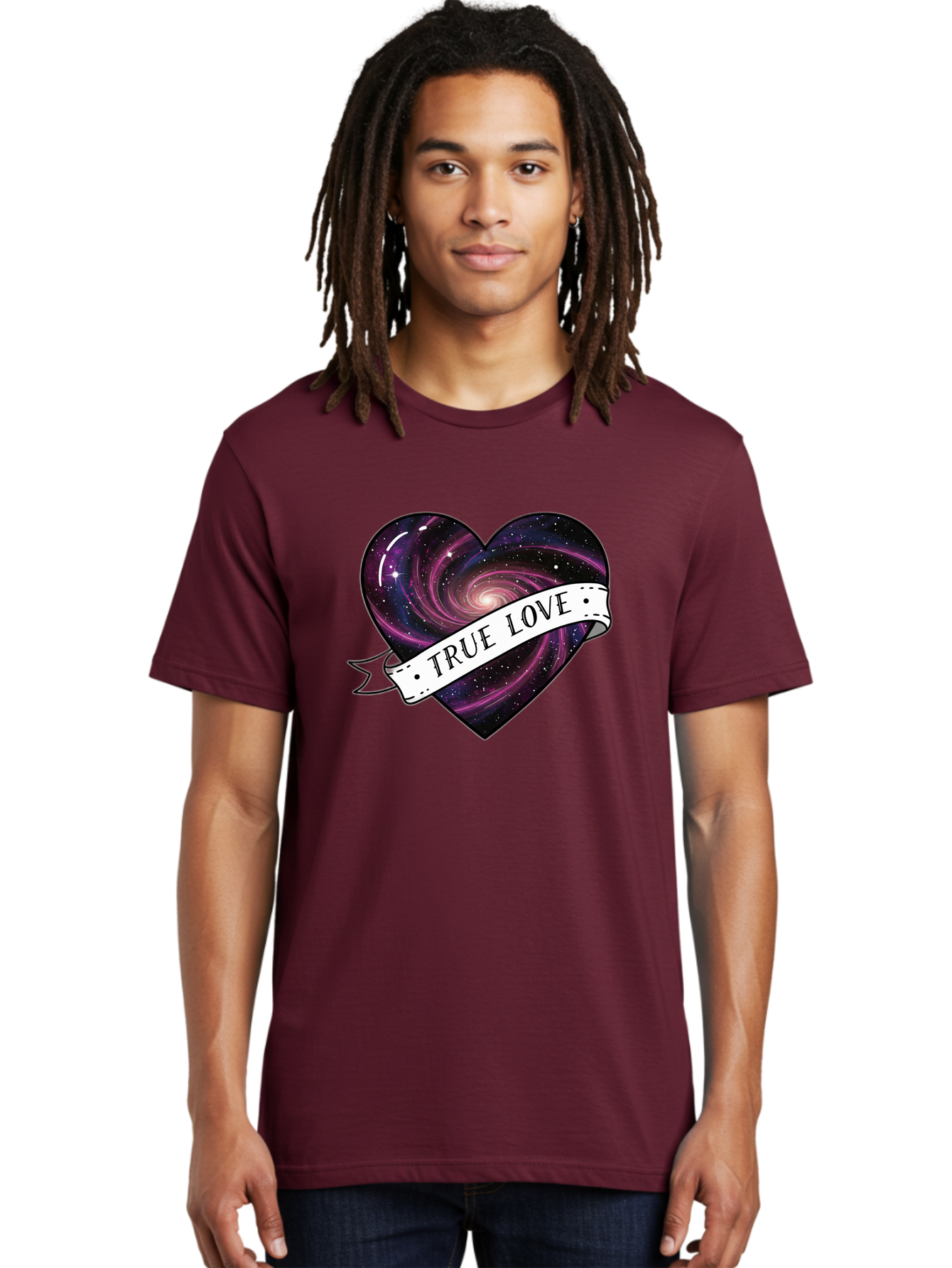 True-Love-7 Men'S Graphic Tee, 100% Cotton, Comfortable Casual Summer Wear, Machine Washable, Galaxy Heart, Cosmic Love, Purple Galaxy, Heart Shape, Stars And Planets, Romantic Symbol, True Love, Space-Inspired Art, Celestial Design, Bae316