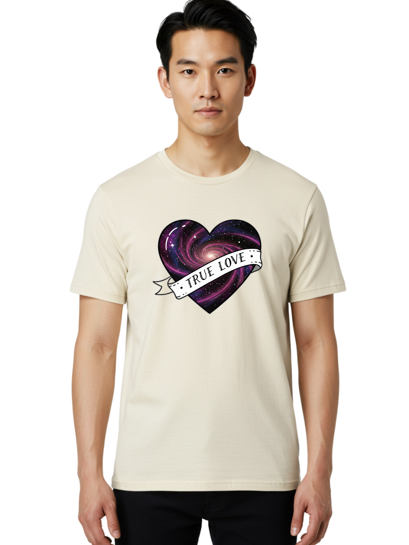 True-Love-7 Men'S Graphic Tee, 100% Cotton, Comfortable Casual Summer Wear, Machine Washable, Galaxy Heart, Cosmic Love, Purple Galaxy, Heart Shape, Stars And Planets, Romantic Symbol, True Love, Space-Inspired Art, Celestial Design, Bae316