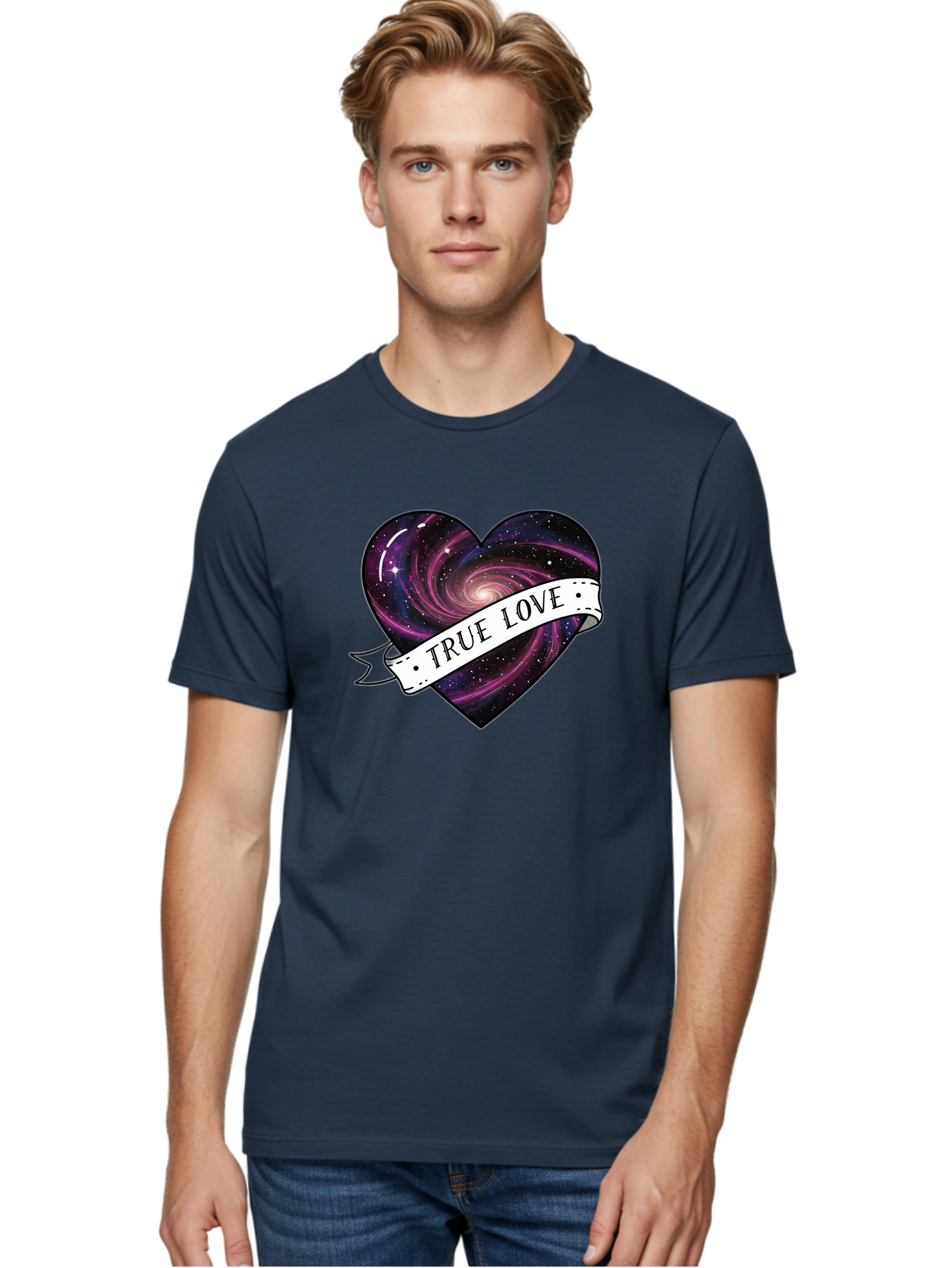 True-Love-7 Men'S Graphic Tee, 100% Cotton, Comfortable Casual Summer Wear, Machine Washable, Galaxy Heart, Cosmic Love, Purple Galaxy, Heart Shape, Stars And Planets, Romantic Symbol, True Love, Space-Inspired Art, Celestial Design, Bae316