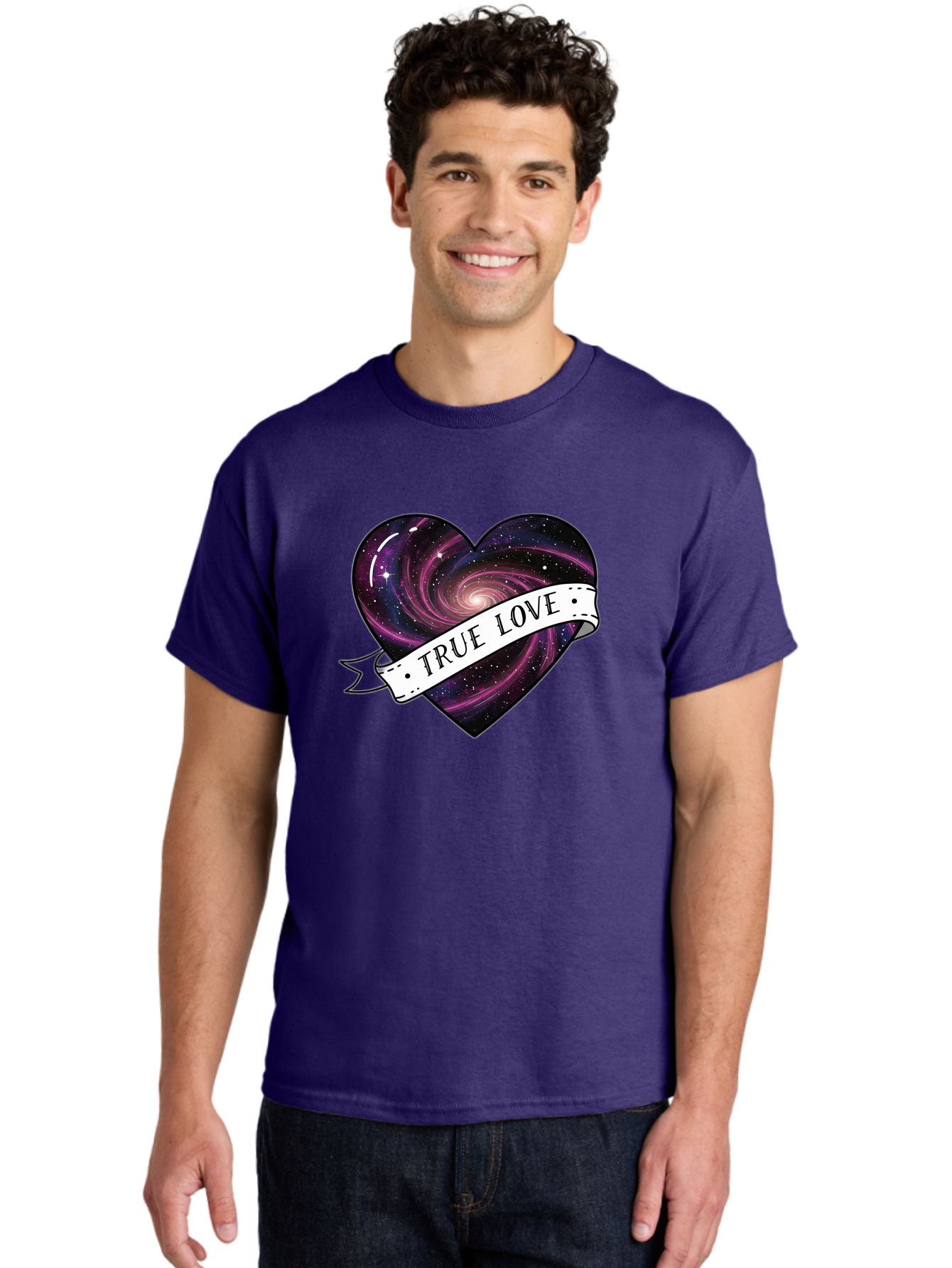 True-Love-7 Men'S Graphic Tee, 100% Cotton, Comfortable Casual Summer Wear, Machine Washable, Galaxy Heart, Cosmic Love, Purple Galaxy, Heart Shape, Stars And Planets, Romantic Symbol, True Love, Space-Inspired Art, Celestial Design, Bae316