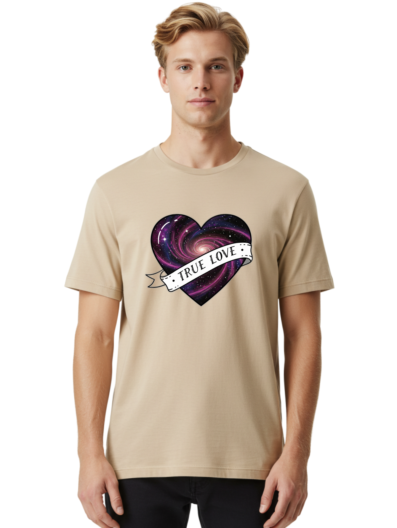 True-Love-7 Men'S Graphic Tee, 100% Cotton, Comfortable Casual Summer Wear, Machine Washable, Galaxy Heart, Cosmic Love, Purple Galaxy, Heart Shape, Stars And Planets, Romantic Symbol, True Love, Space-Inspired Art, Celestial Design, Bae316