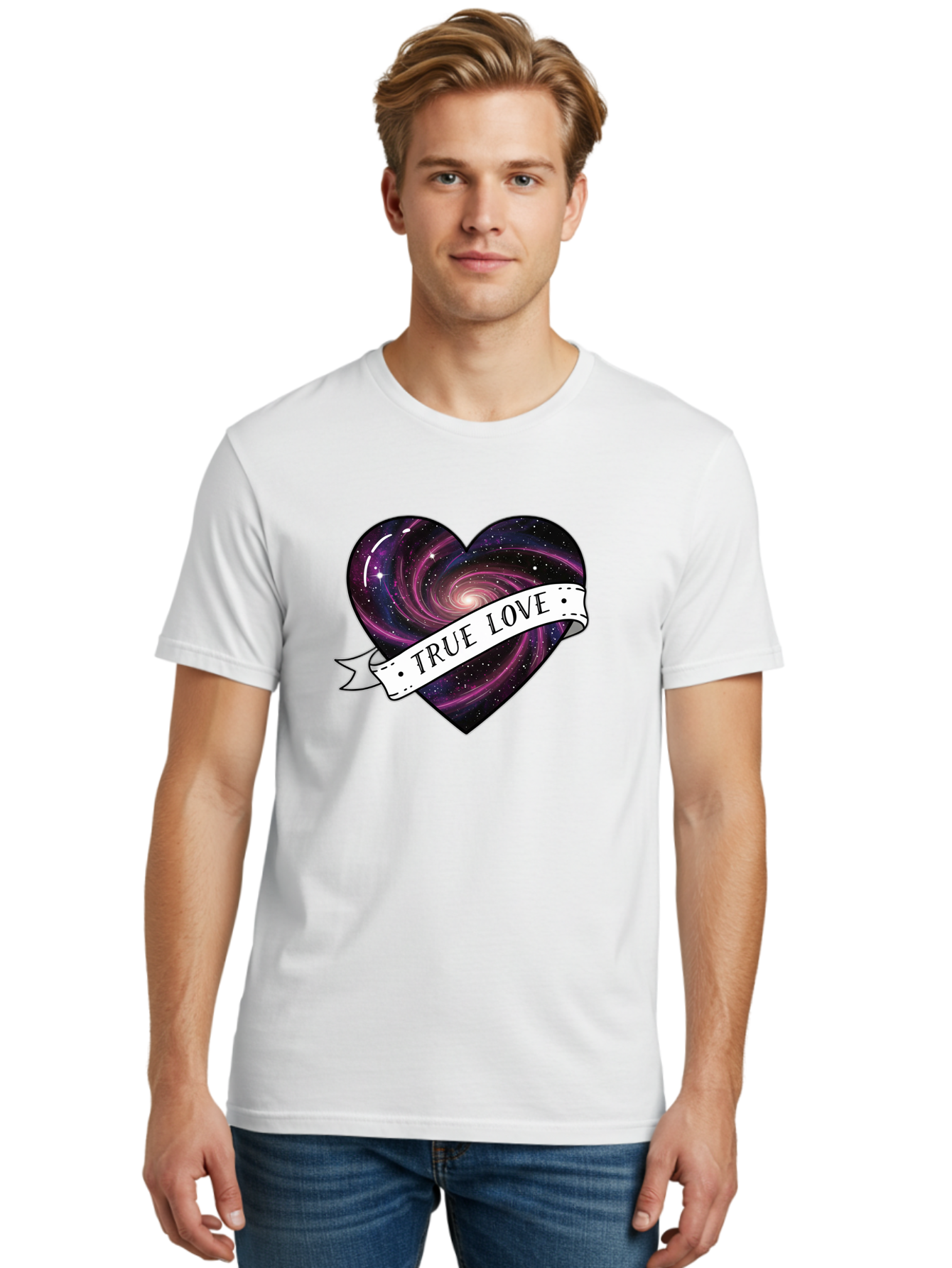 True-Love-7 Men'S Graphic Tee, 100% Cotton, Comfortable Casual Summer Wear, Machine Washable, Galaxy Heart, Cosmic Love, Purple Galaxy, Heart Shape, Stars And Planets, Romantic Symbol, True Love, Space-Inspired Art, Celestial Design, Bae316