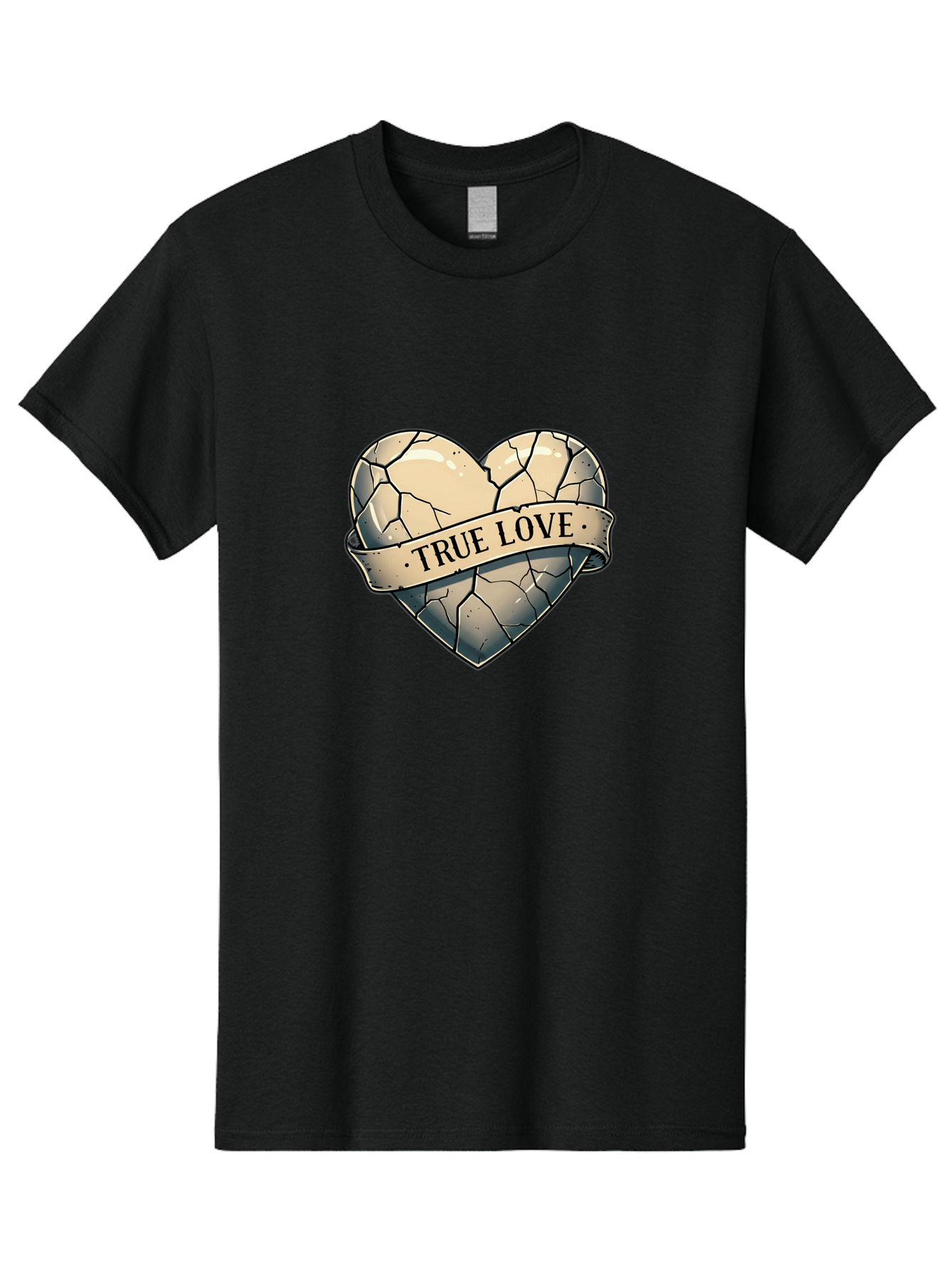 True-Love-8 Men'S Graphic Tee, 100% Cotton, Comfortable Casual Summer Wear, Machine Washable, Cracked Heart, True Love Banner, Vintage Design, Distressed Texture, Heart Symbol, Love Theme, Tattoo Style, Black And White Illustration Bae317